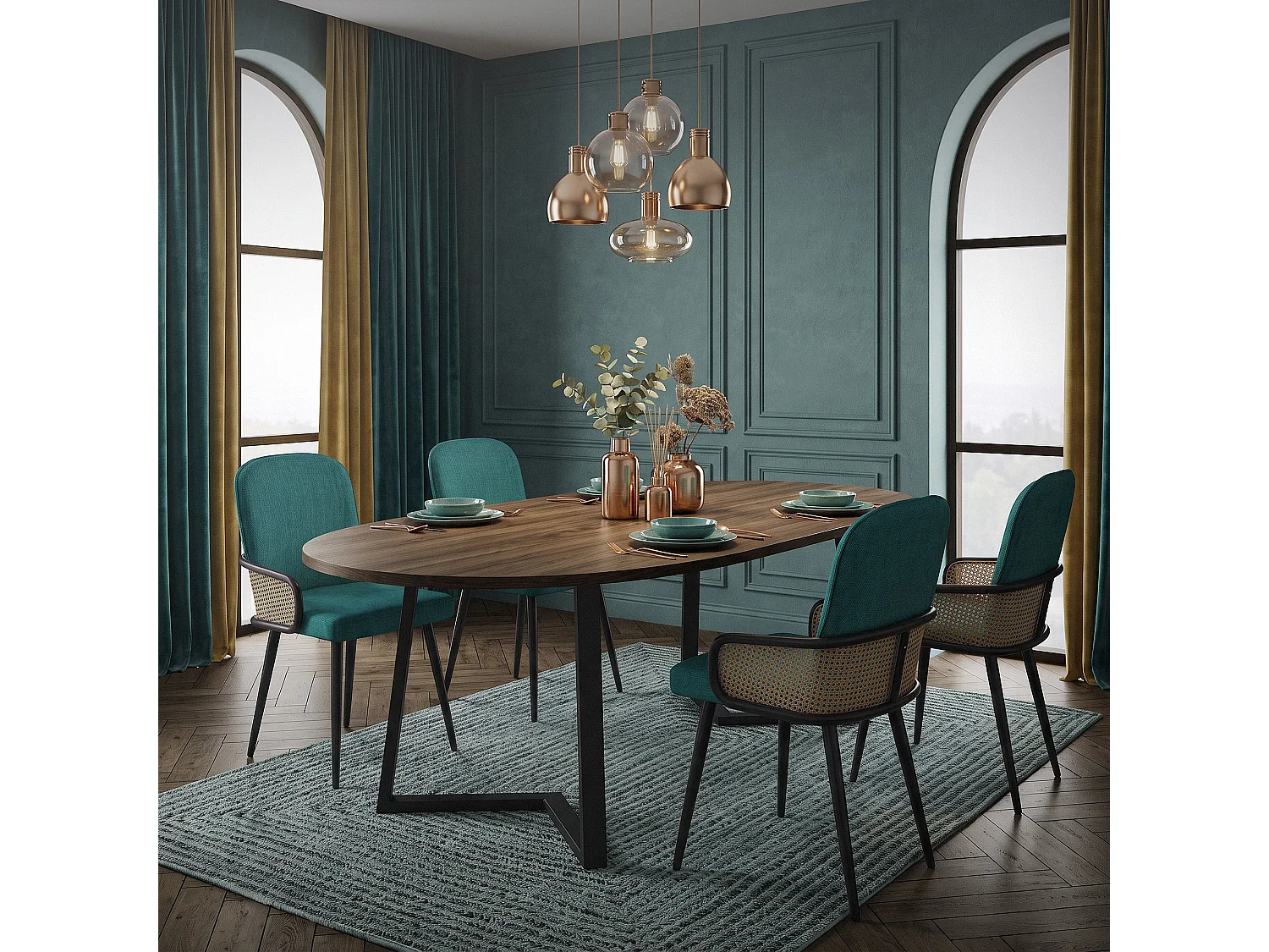 ML-Design 6x Sillas de comedor con funda de tela turquesa oscuro, asiento con respaldo, reposabrazos con aspecto de ratán sillón ergonómico de cocina