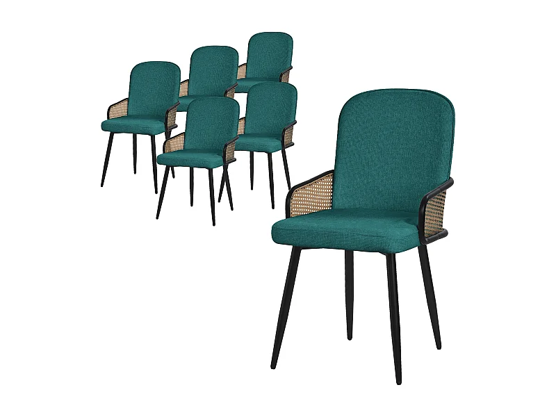 Lot de 6 chaises de salle à manger en tissu bleu pétrole accoudoirs en rotin pieds en métal noir assise rembourrée confortable fauteuils ergonomiques