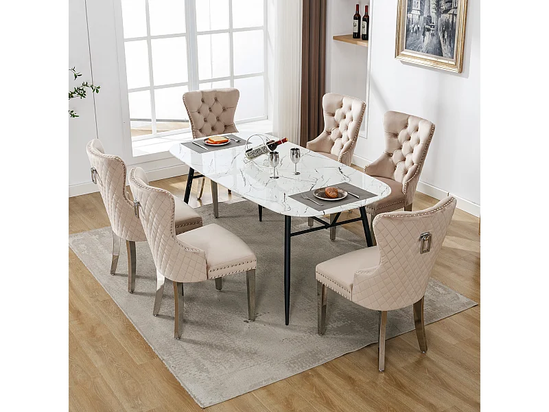 Lot de 6 chaises 53x62.5x94.5 cm avec Rembourrée Fermeture à boutons et ornée de rivets Matière velours en beige pour Salon et salle à manger
