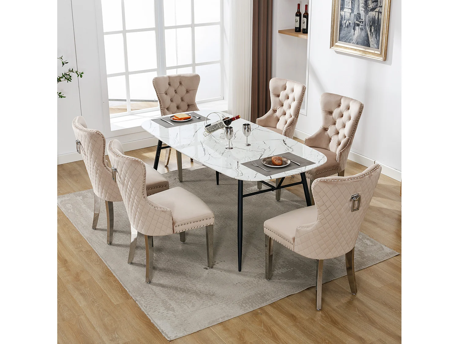 Lot de 6 chaises 53x62.5x94.5 cm avec Rembourrée Fermeture à boutons et ornée de rivets Matière velours en beige pour Salon et salle à manger