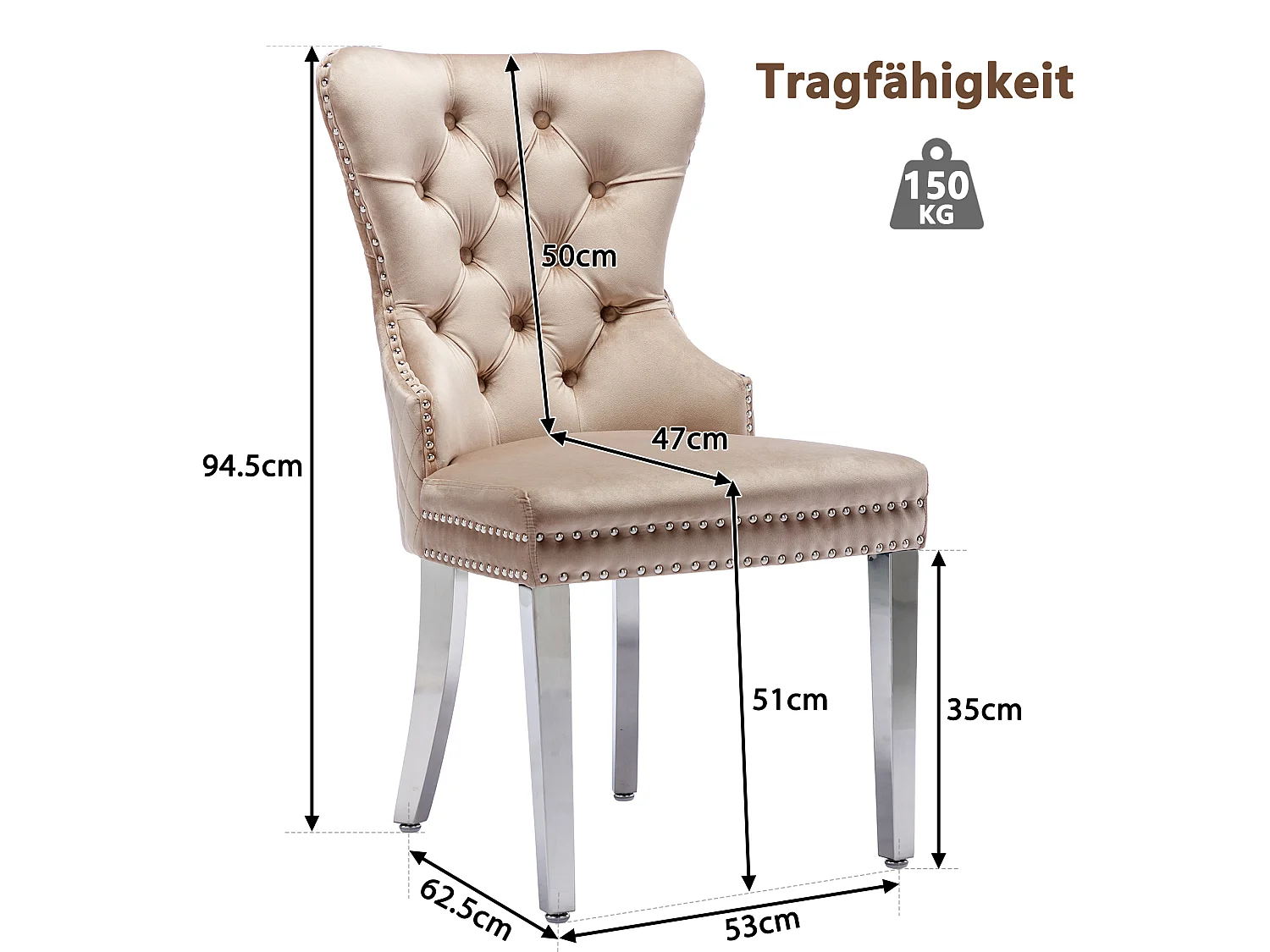 Lot de 6 chaises 53x62.5x94.5 cm avec Rembourrée Fermeture à boutons et ornée de rivets Matière velours en beige pour Salon et salle à manger