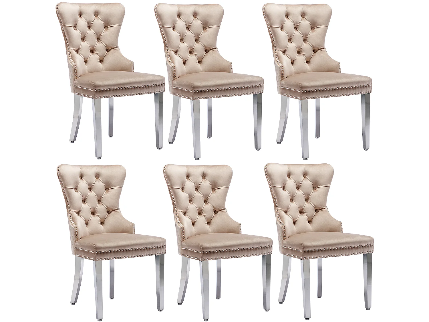 Lot de 6 chaises 53x62.5x94.5 cm avec Rembourrée Fermeture à boutons et ornée de rivets Matière velours en beige pour Salon et salle à manger