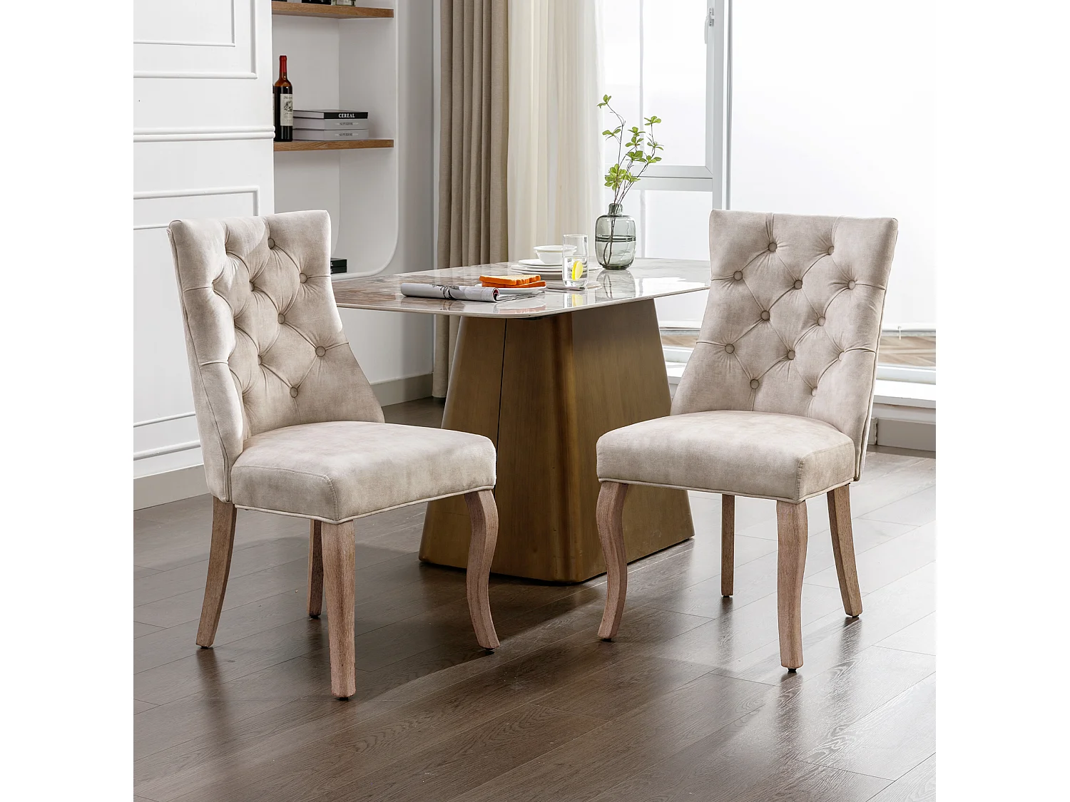 Lot de 2 chaises 51x47x97 cm avec Matière capitonnée Dossier haut en beige pour Salon et salle à manger et bureau