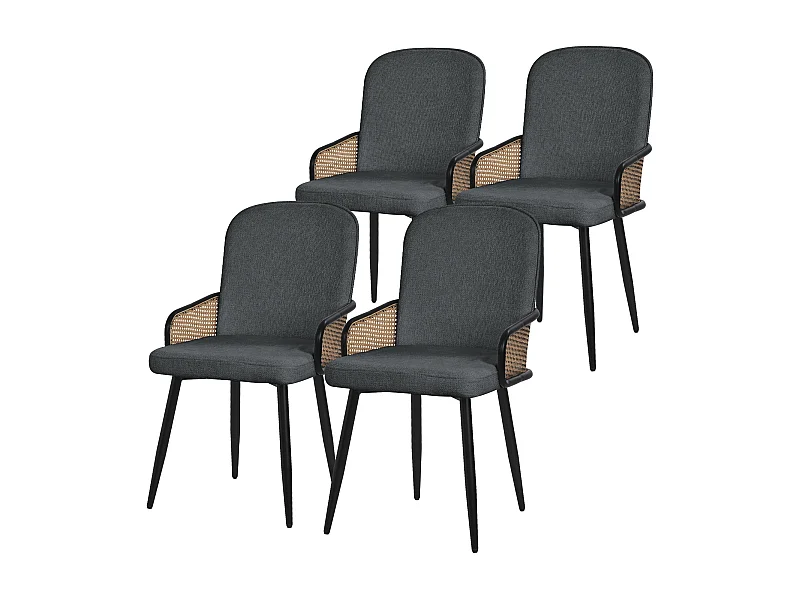Lot de 4 chaises de salle à manger en tissu anthracite accoudoirs en rotin pieds en métal noir assise rembourrée confortable fauteuils ergonomiques