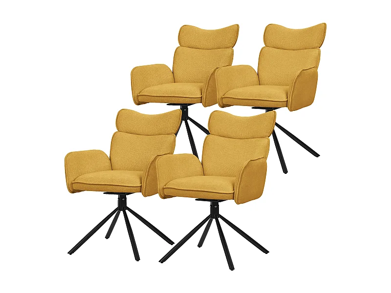 Lot de 4 chaises pivotantes en tissu moutarde avec accoudoirs et dossier ergonomique fauteuils à rotation pieds en métal noir sièges salle à manger