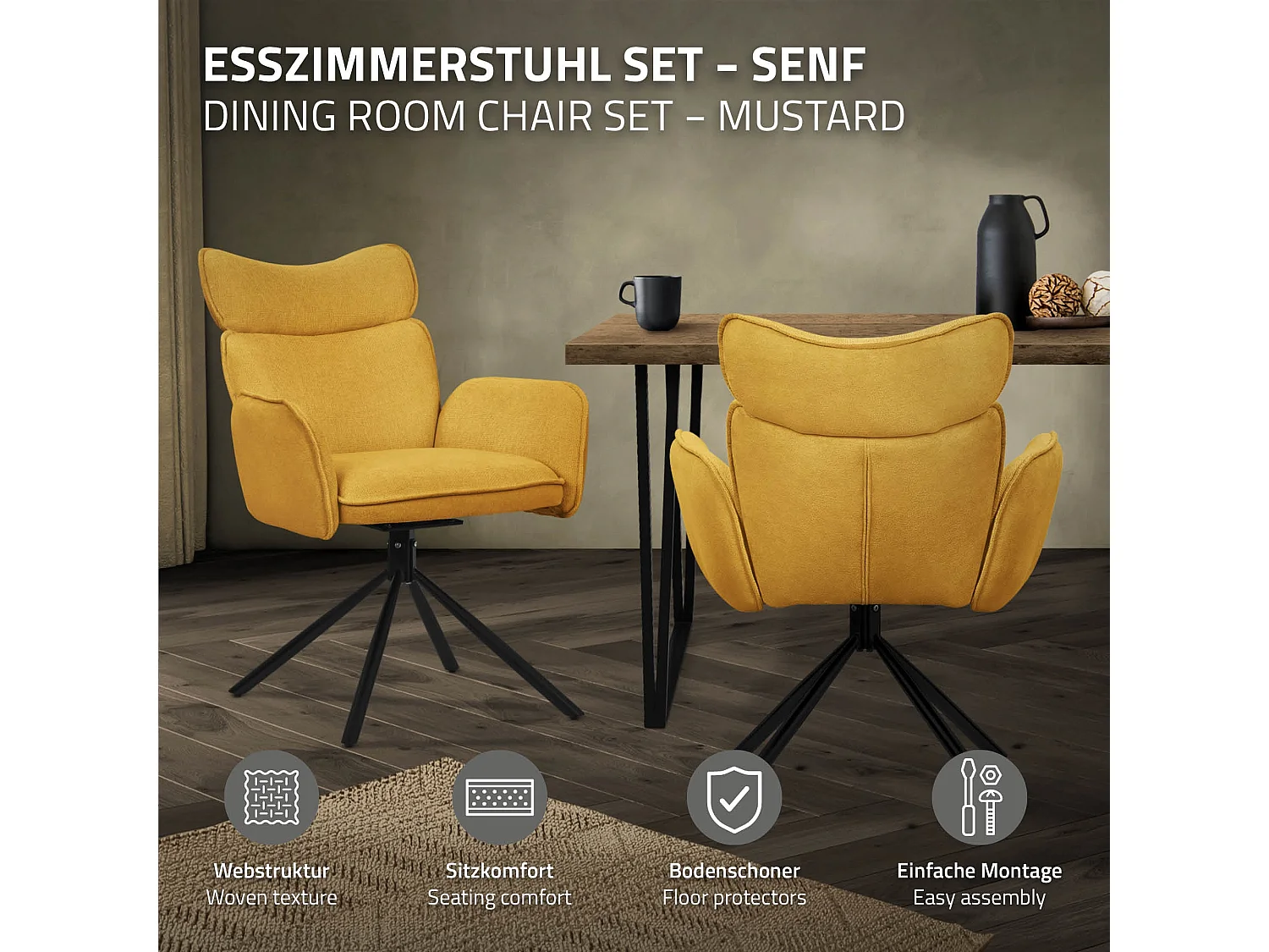 Lot de 4 chaises pivotantes en tissu moutarde avec accoudoirs et dossier ergonomique fauteuils à rotation pieds en métal noir sièges salle à manger
