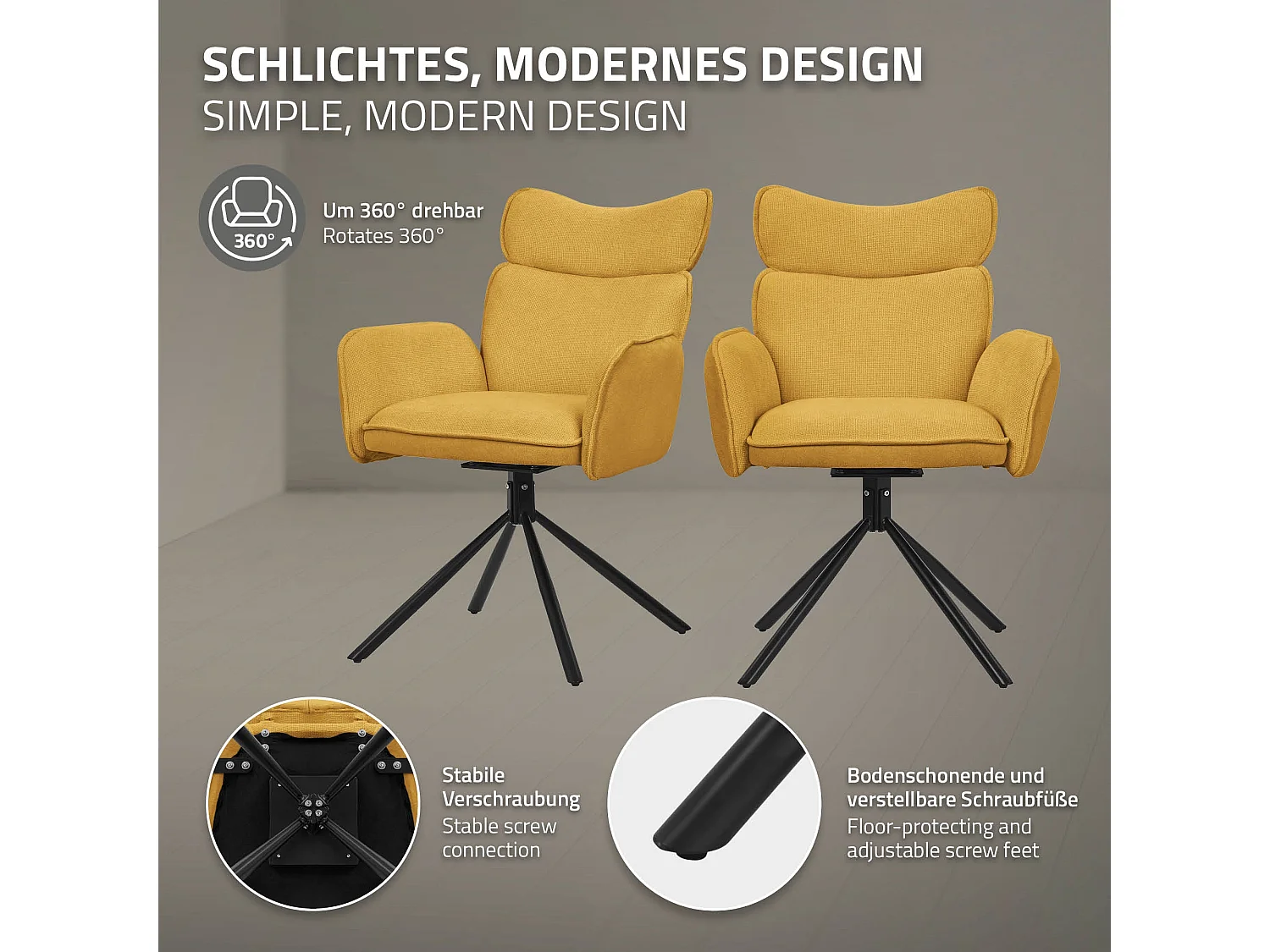 Lot de 4 chaises pivotantes en tissu moutarde avec accoudoirs et dossier ergonomique fauteuils à rotation pieds en métal noir sièges salle à manger