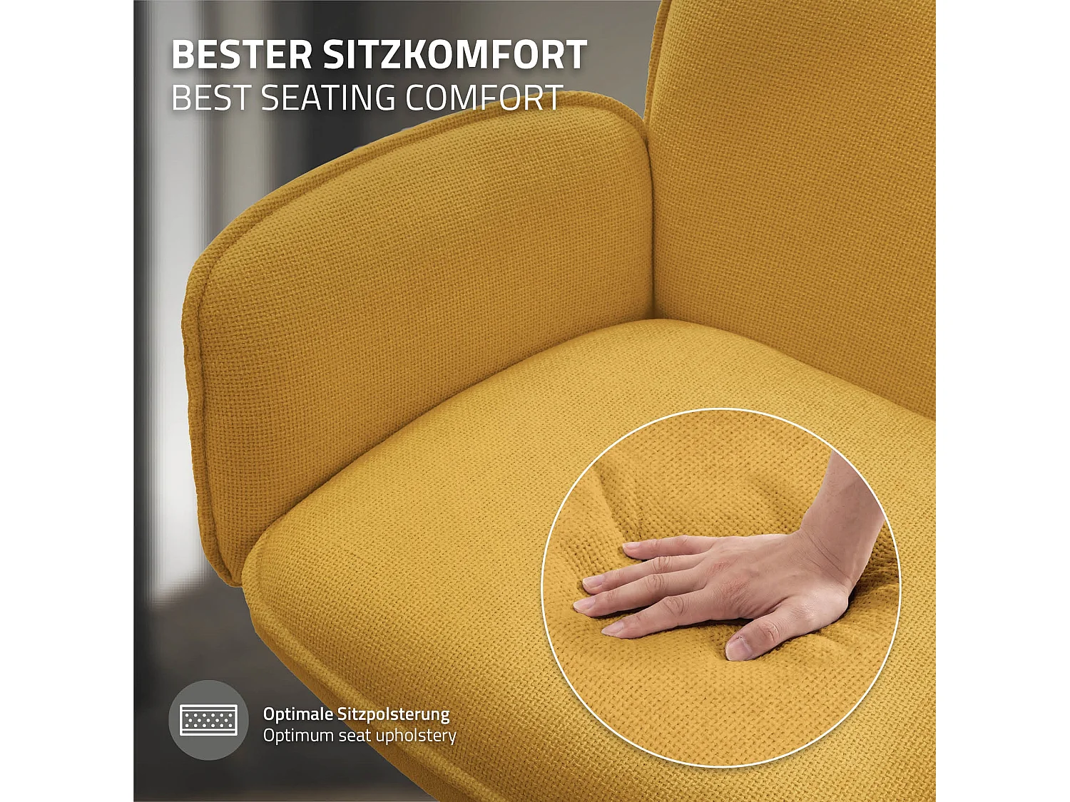 Lot de 4 chaises pivotantes en tissu moutarde avec accoudoirs et dossier ergonomique fauteuils à rotation pieds en métal noir sièges salle à manger
