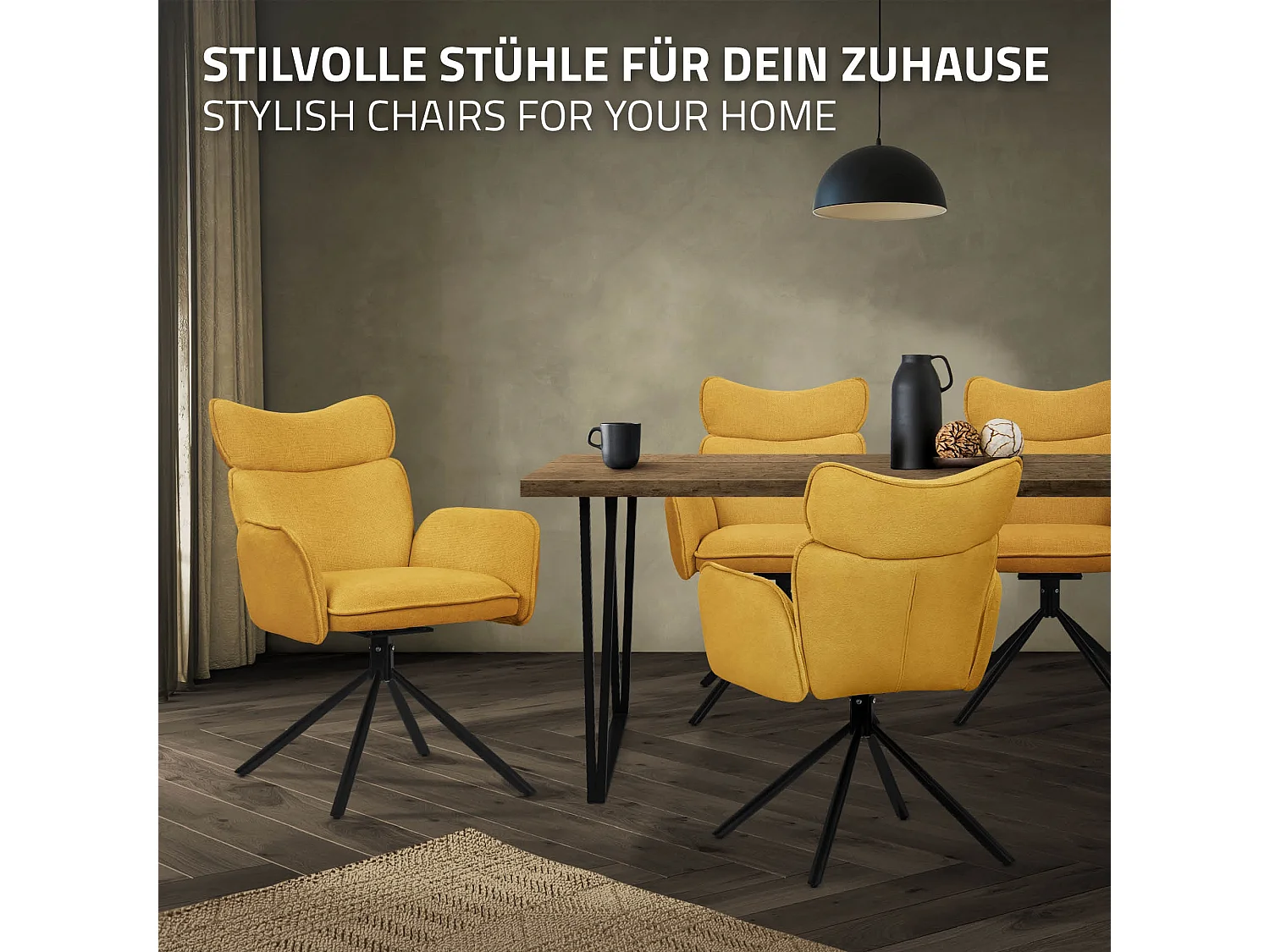 Lot de 4 chaises pivotantes en tissu moutarde avec accoudoirs et dossier ergonomique fauteuils à rotation pieds en métal noir sièges salle à manger