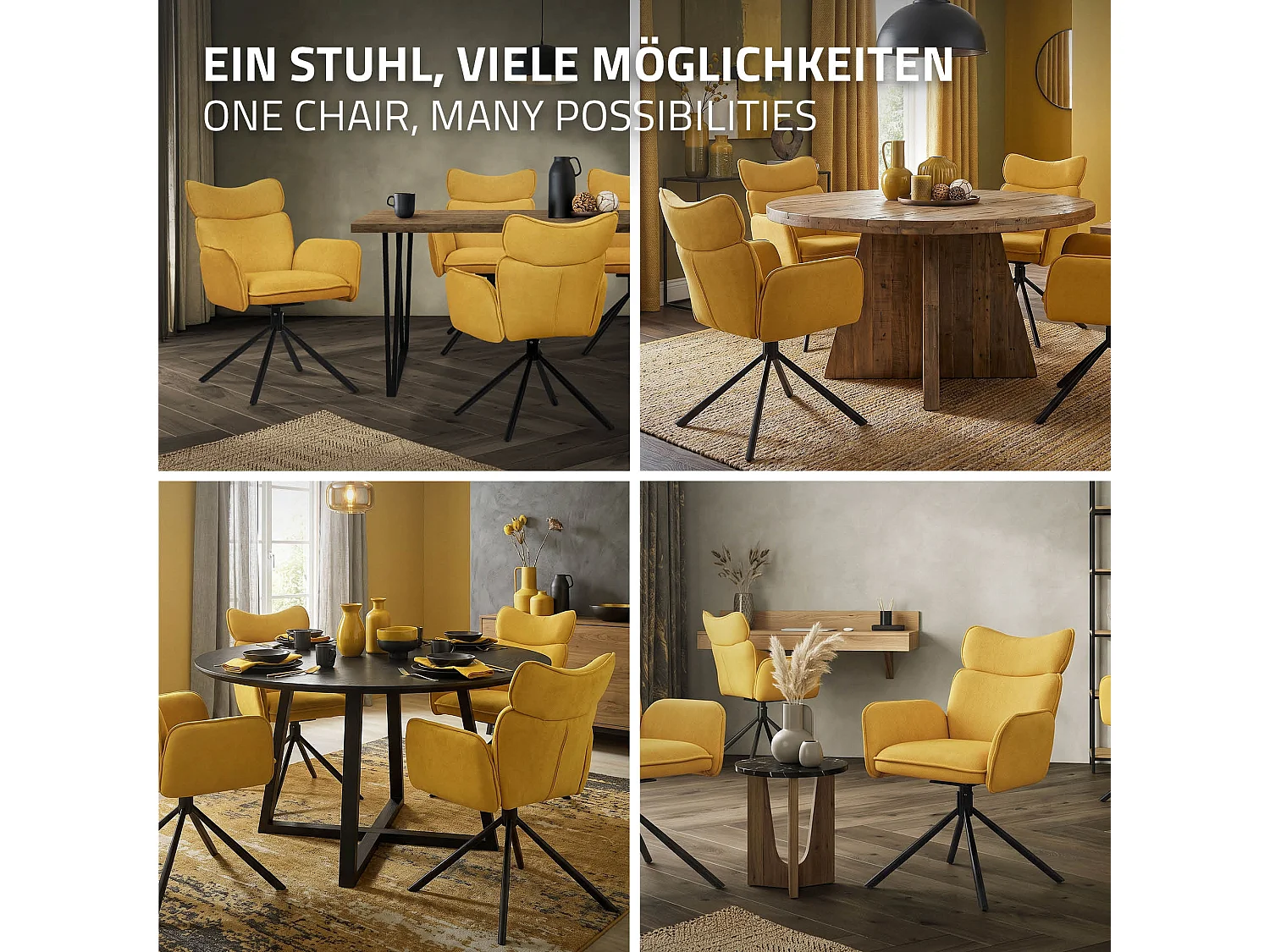 Lot de 4 chaises pivotantes en tissu moutarde avec accoudoirs et dossier ergonomique fauteuils à rotation pieds en métal noir sièges salle à manger