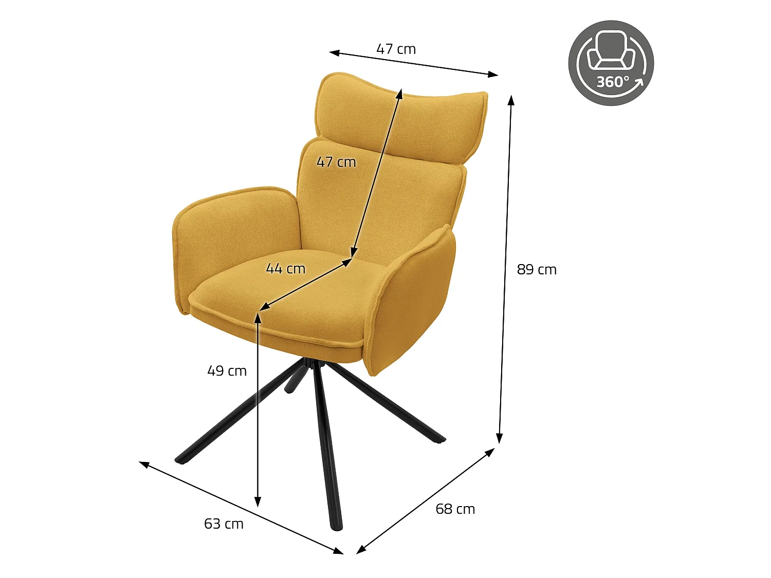 Lot de 4 chaises pivotantes en tissu moutarde avec accoudoirs et dossier ergonomique fauteuils à rotation pieds en métal noir sièges salle à manger