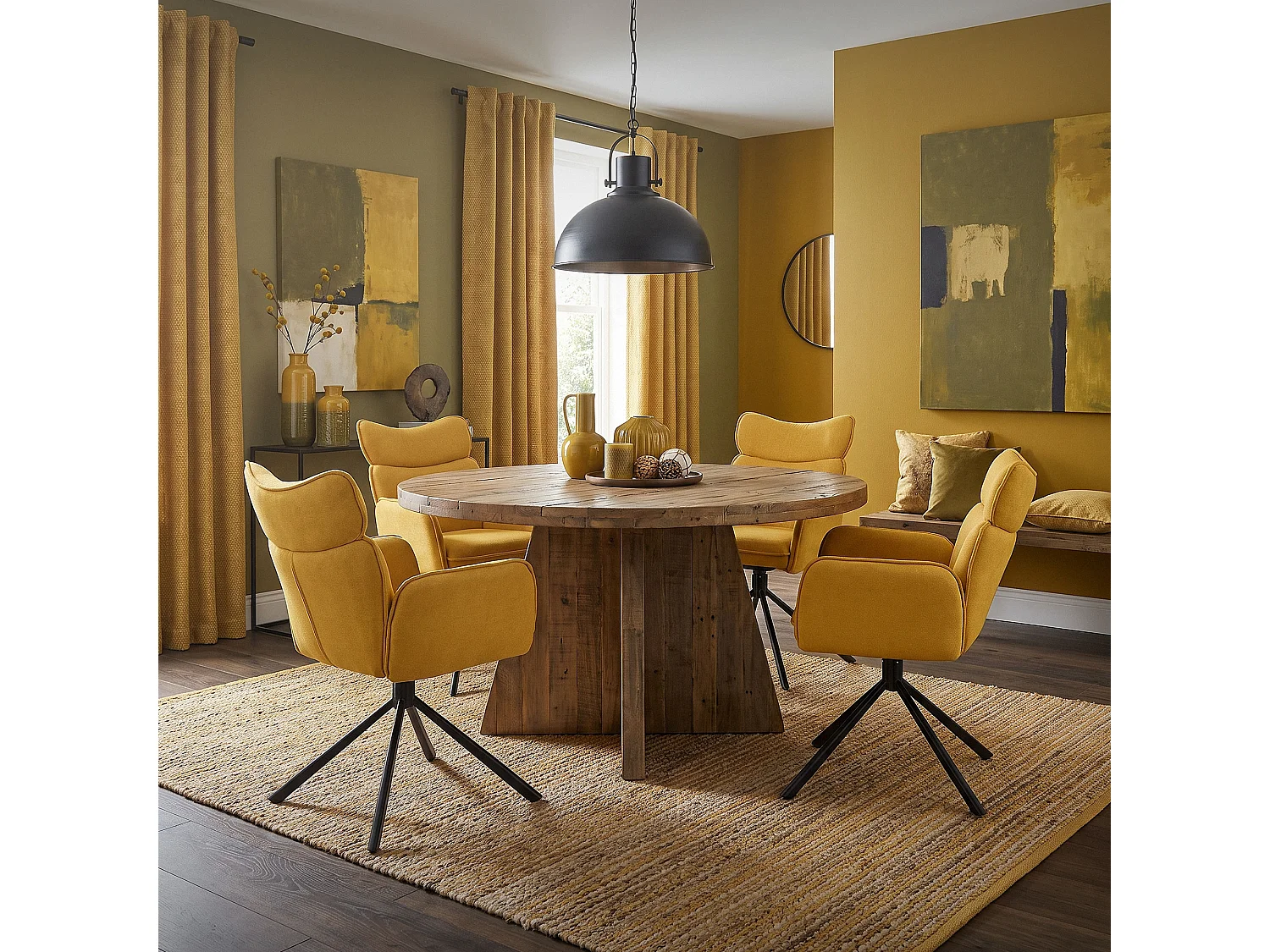 Lot de 4 chaises pivotantes en tissu moutarde avec accoudoirs et dossier ergonomique fauteuils à rotation pieds en métal noir sièges salle à manger