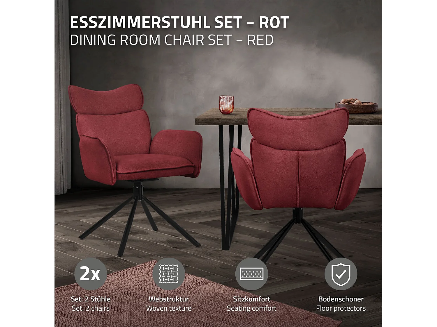 ML-Design Set 2 sedie da scrivania rosso con rivestimento in tessuto, girevoli a 360°, poltrona da ufficio con braccioli e schienale, sedia da pranzo