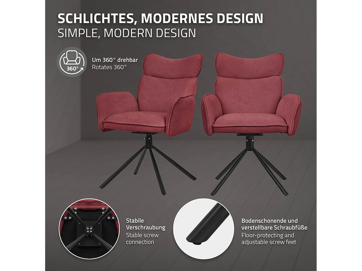 ML-Design Set 2 sedie da scrivania rosso con rivestimento in tessuto, girevoli a 360°, poltrona da ufficio con braccioli e schienale, sedia da pranzo