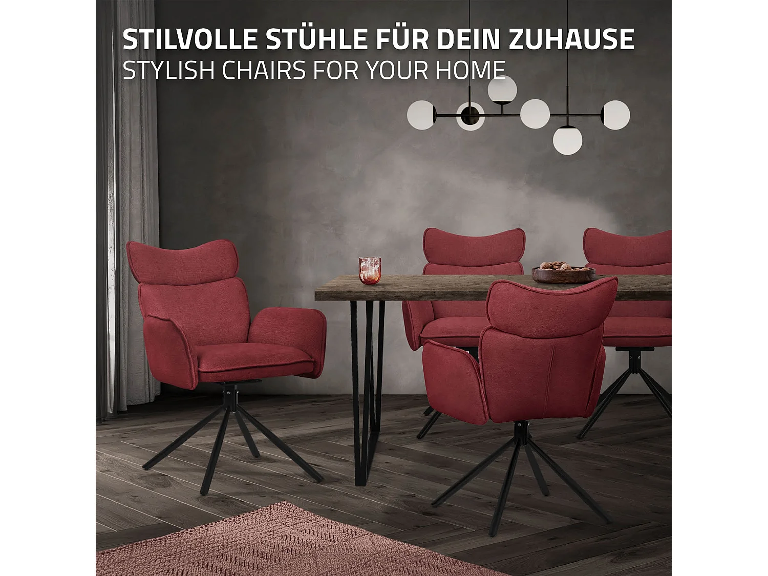 ML-Design Set 2 sedie da scrivania rosso con rivestimento in tessuto, girevoli a 360°, poltrona da ufficio con braccioli e schienale, sedia da pranzo