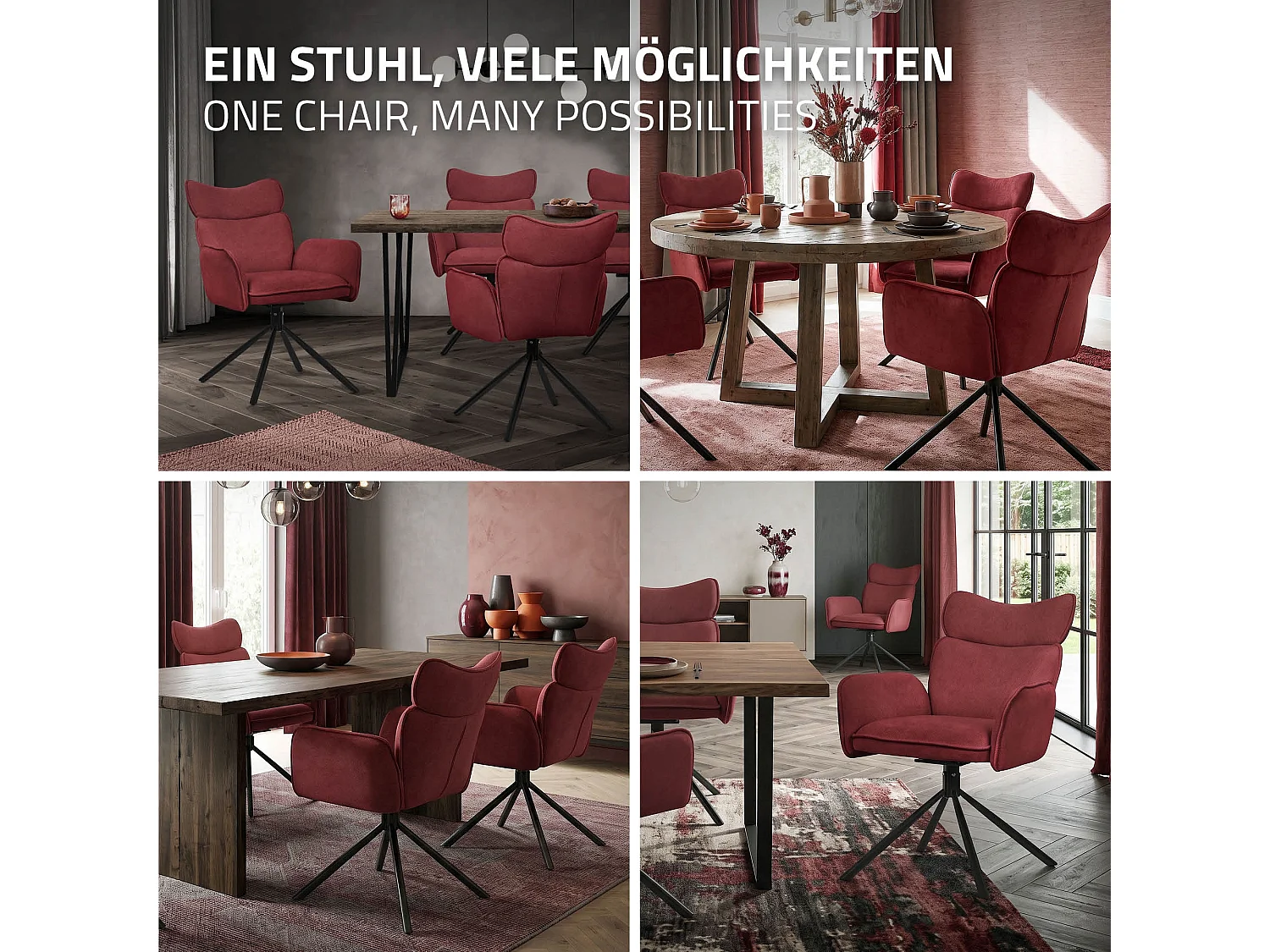 ML-Design Set 2 sedie da scrivania rosso con rivestimento in tessuto, girevoli a 360°, poltrona da ufficio con braccioli e schienale, sedia da pranzo