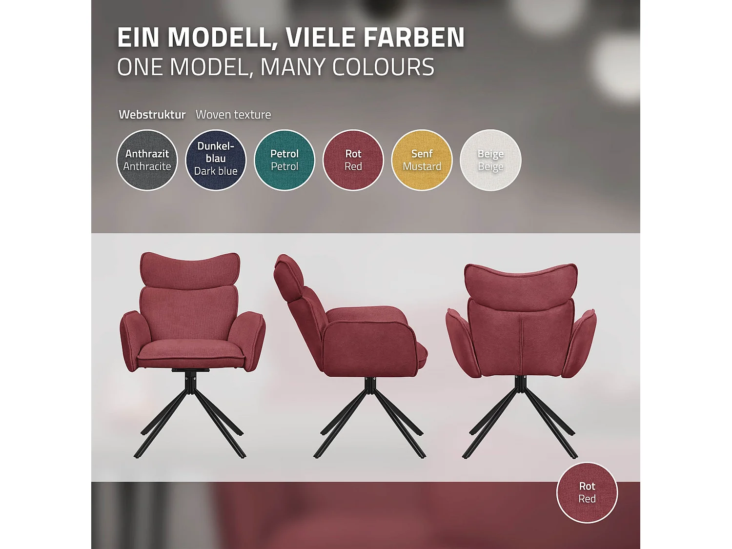 ML-Design Set 2 sedie da scrivania rosso con rivestimento in tessuto, girevoli a 360°, poltrona da ufficio con braccioli e schienale, sedia da pranzo