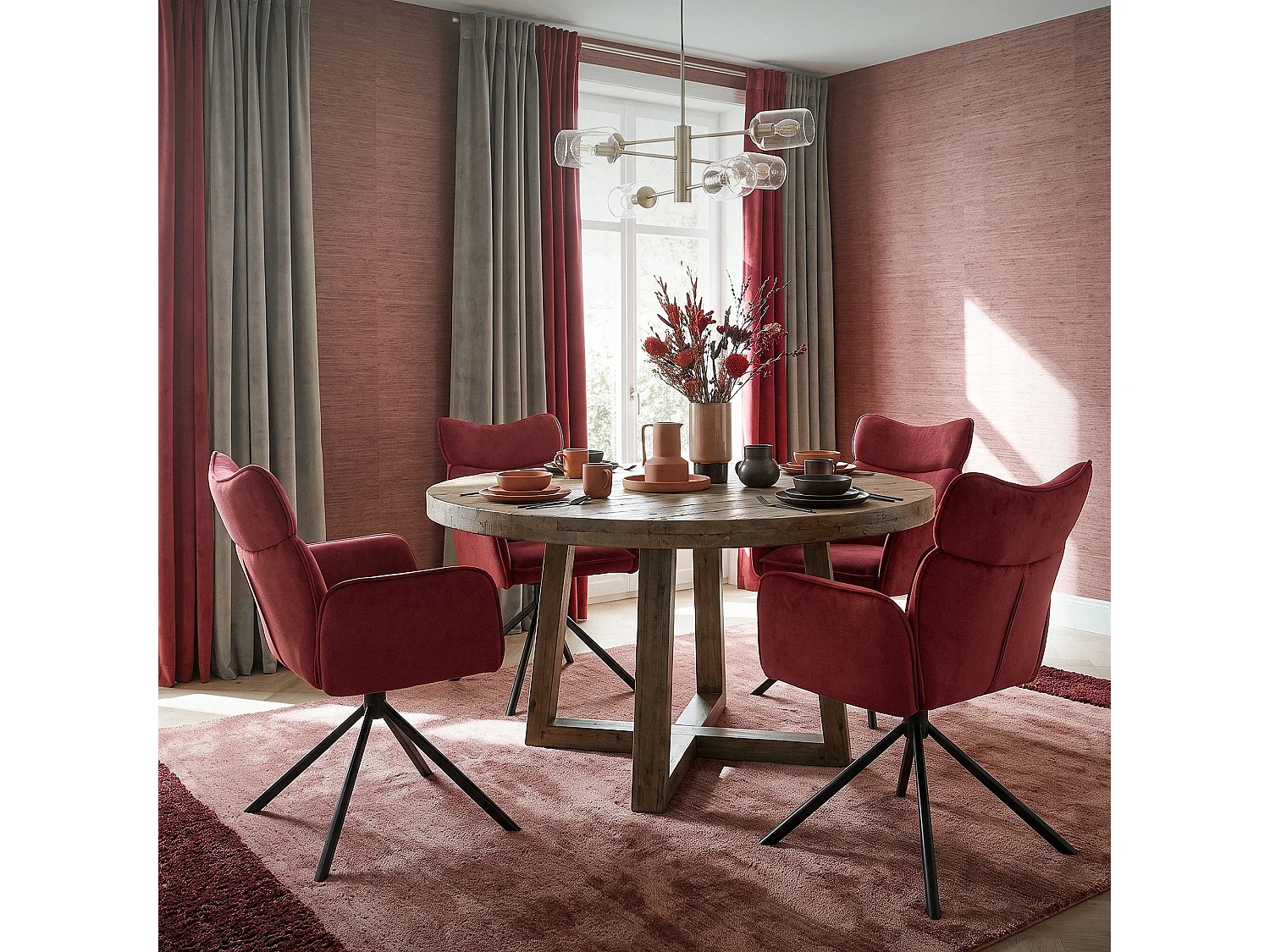 ML-Design Set 2 sedie da scrivania rosso con rivestimento in tessuto, girevoli a 360°, poltrona da ufficio con braccioli e schienale, sedia da pranzo