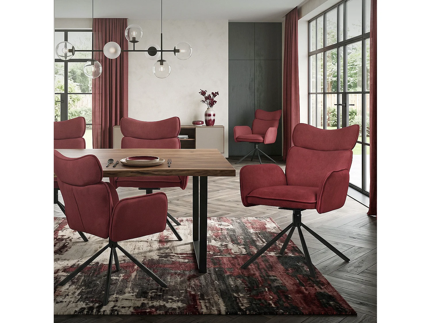 ML-Design Set 2 sedie da scrivania rosso con rivestimento in tessuto, girevoli a 360°, poltrona da ufficio con braccioli e schienale, sedia da pranzo