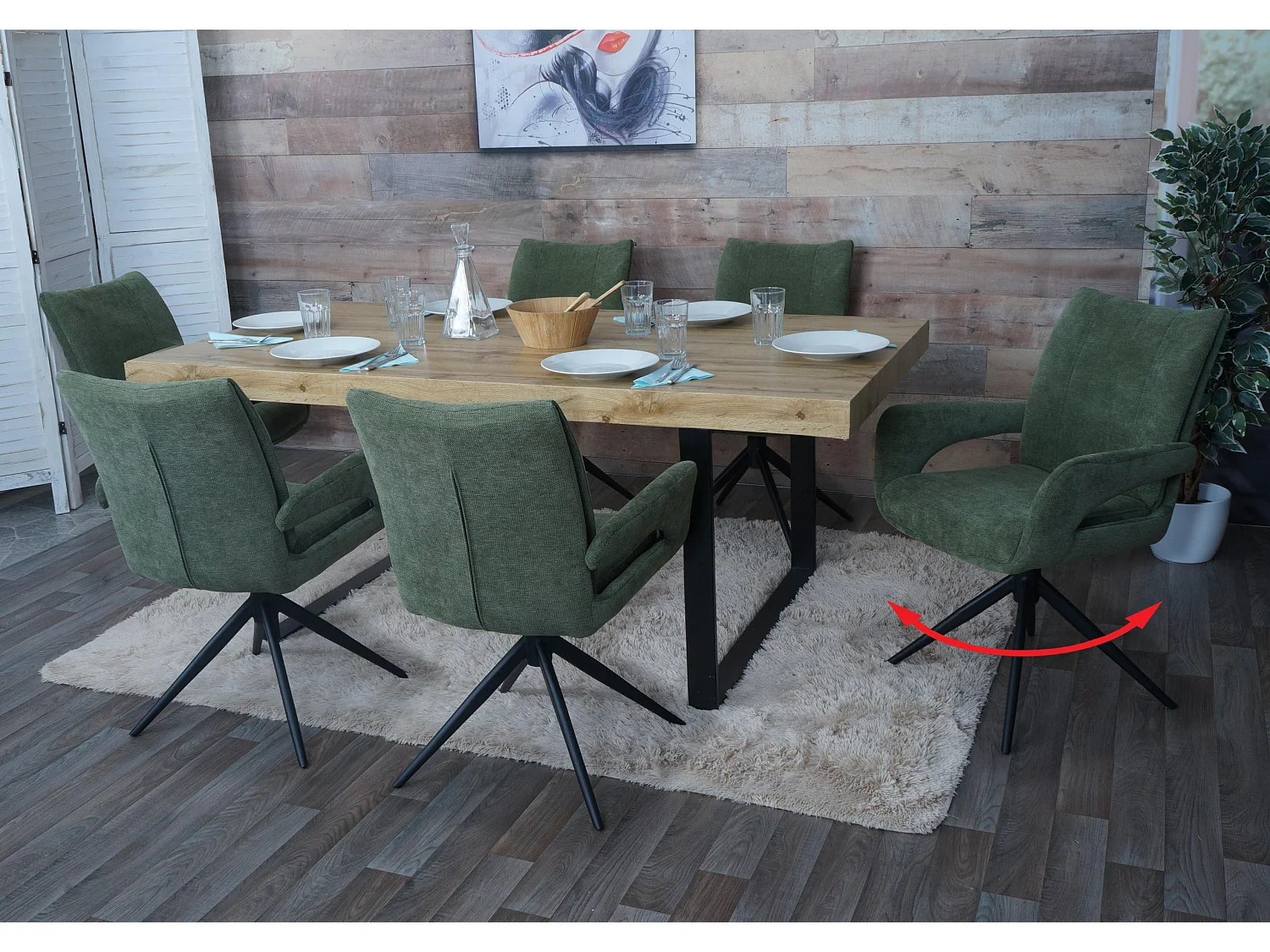 Set 6x sedie da pranzo MCW-O78, da cucina, seduta girevole posizionamento automatico tessuto ciniglia ~ verde