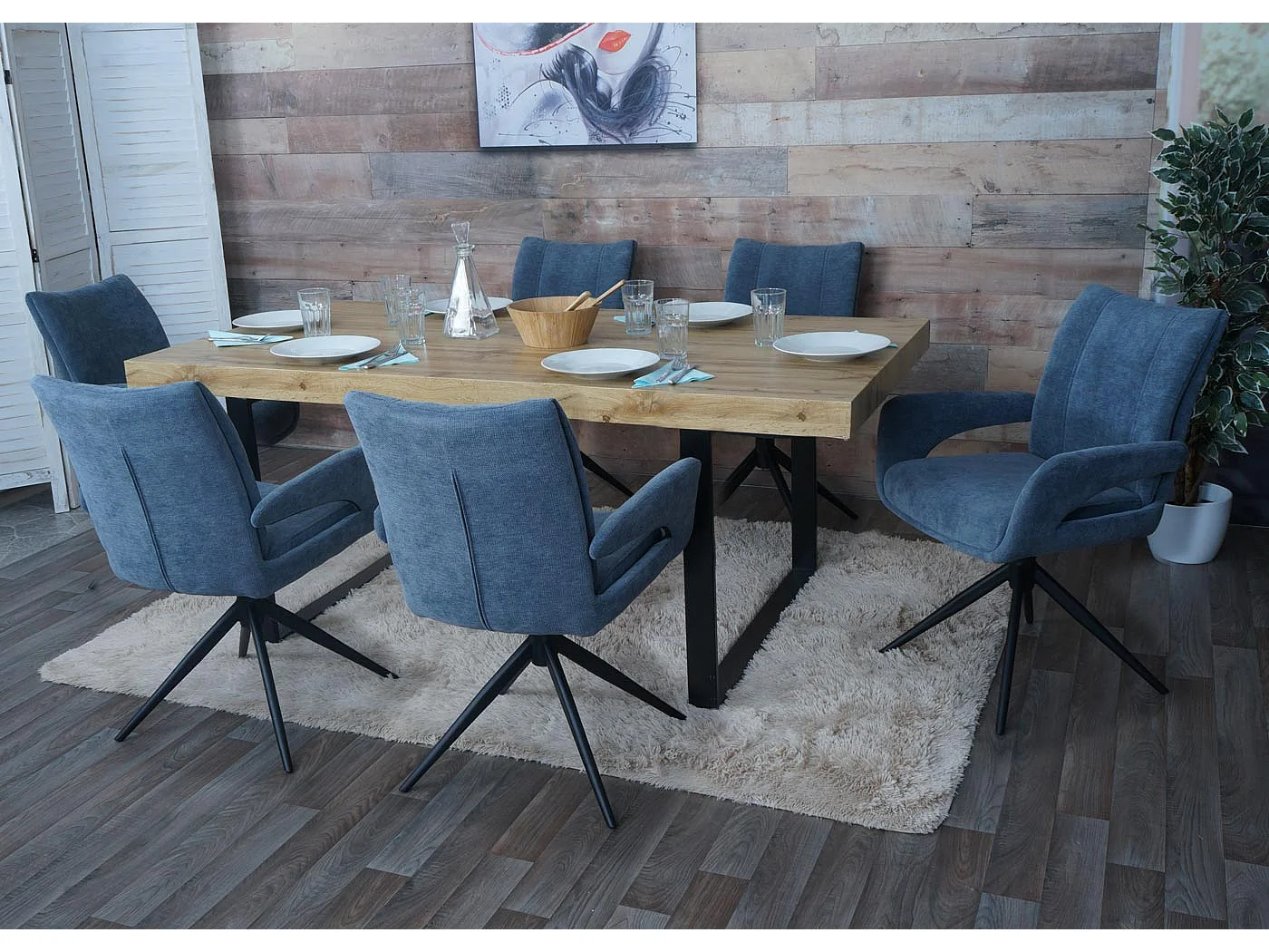 Set 6x sedie da pranzo MCW-O78, da cucina, seduta girevole posizionamento automatico tessuto ciniglia ~ grigio-blu