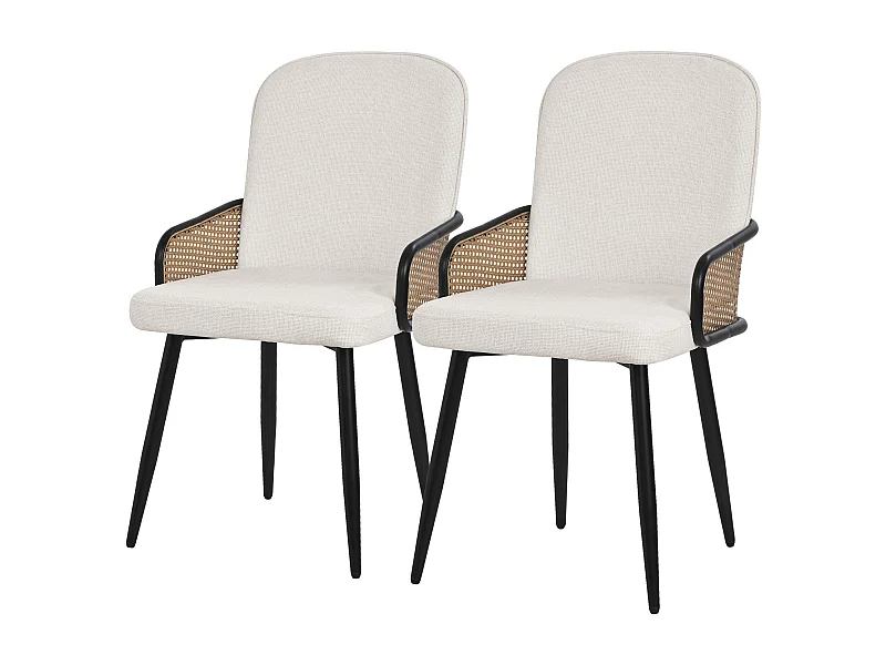 Lot de 2 chaises de salle à manger en tissu beige avec accoudoirs en rotin pieds en métal noir assise rembourrée confortable fauteuils ergonomiques