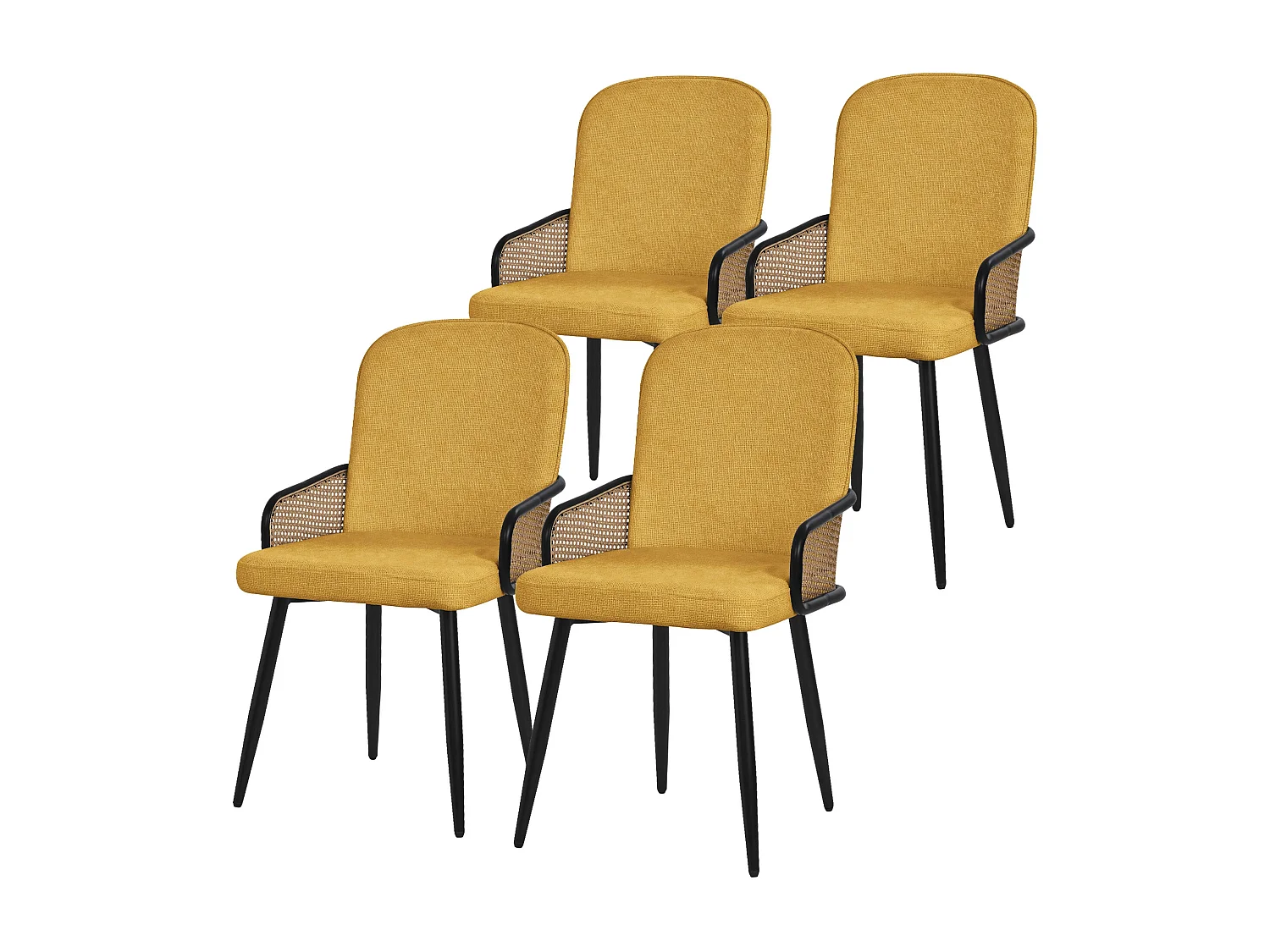 ML-Design Set di 4 sedie imbottite da pranzo senape, in tessuto, con braccioli effetto rattan, sedia da cucina, poltroncina ergonomica da soggiorno