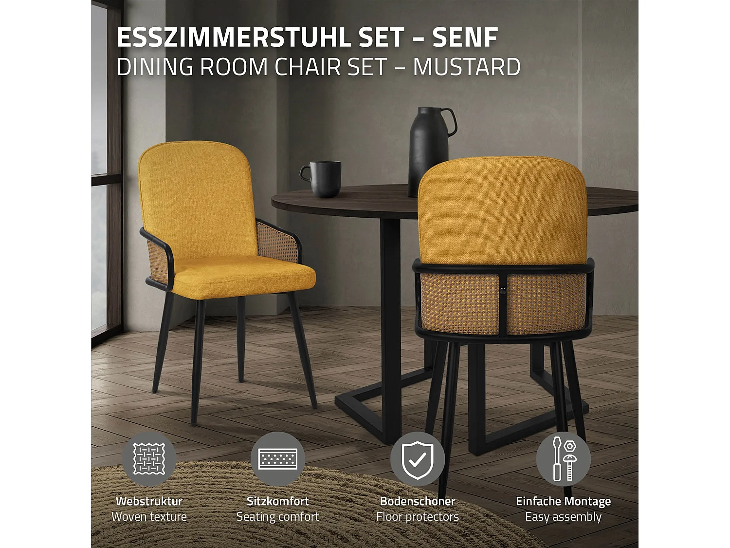 Lot de 4 chaises de salle à manger en tissu moutarde avec accoudoirs en rotin pieds en métal noir assise rembourrée confortable fauteuils ergonomiques