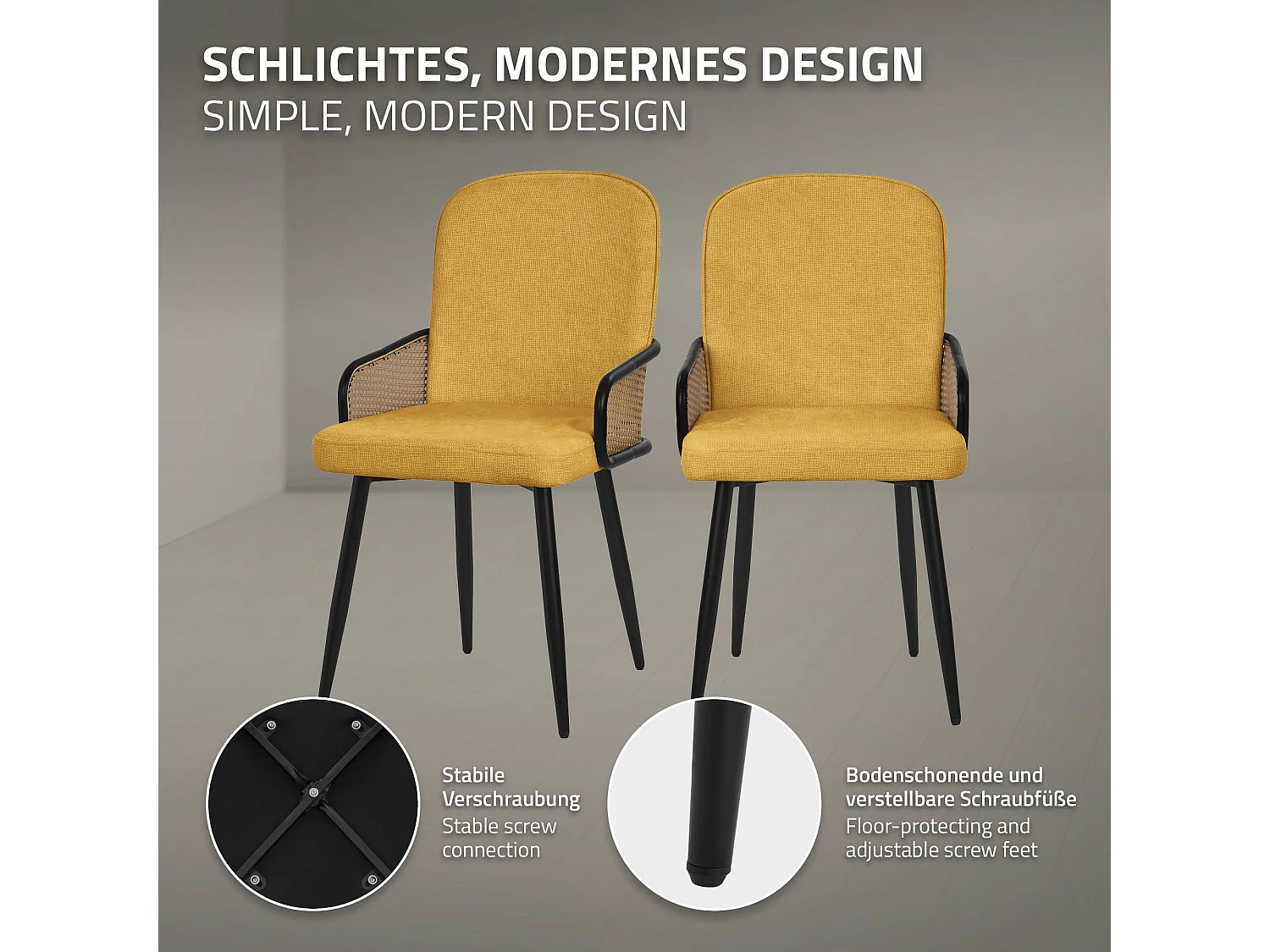 Lot de 4 chaises de salle à manger en tissu moutarde avec accoudoirs en rotin pieds en métal noir assise rembourrée confortable fauteuils ergonomiques