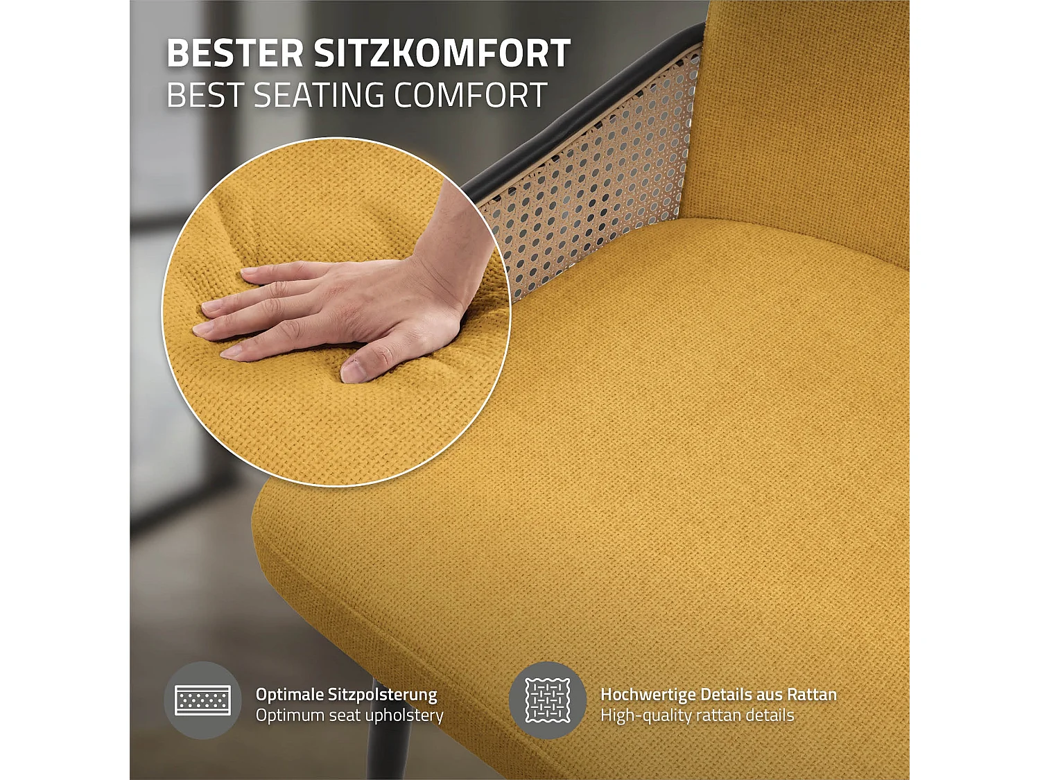 Lot de 4 chaises de salle à manger en tissu moutarde avec accoudoirs en rotin pieds en métal noir assise rembourrée confortable fauteuils ergonomiques