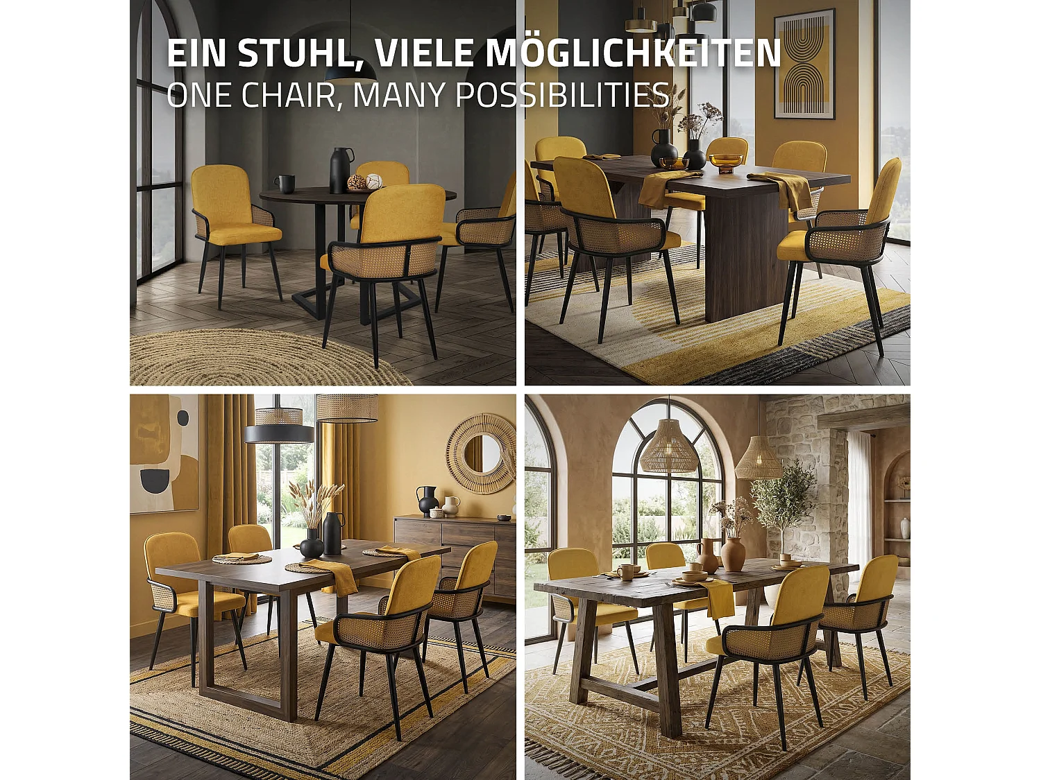 Lot de 4 chaises de salle à manger en tissu moutarde avec accoudoirs en rotin pieds en métal noir assise rembourrée confortable fauteuils ergonomiques