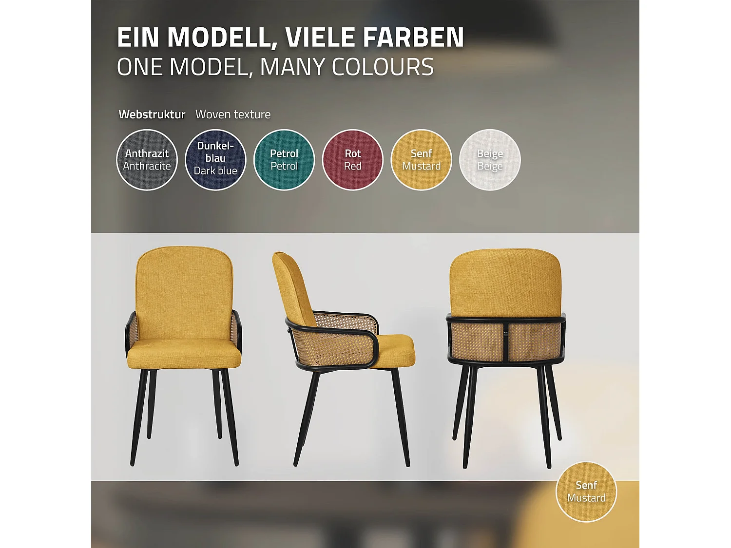 Lot de 4 chaises de salle à manger en tissu moutarde avec accoudoirs en rotin pieds en métal noir assise rembourrée confortable fauteuils ergonomiques