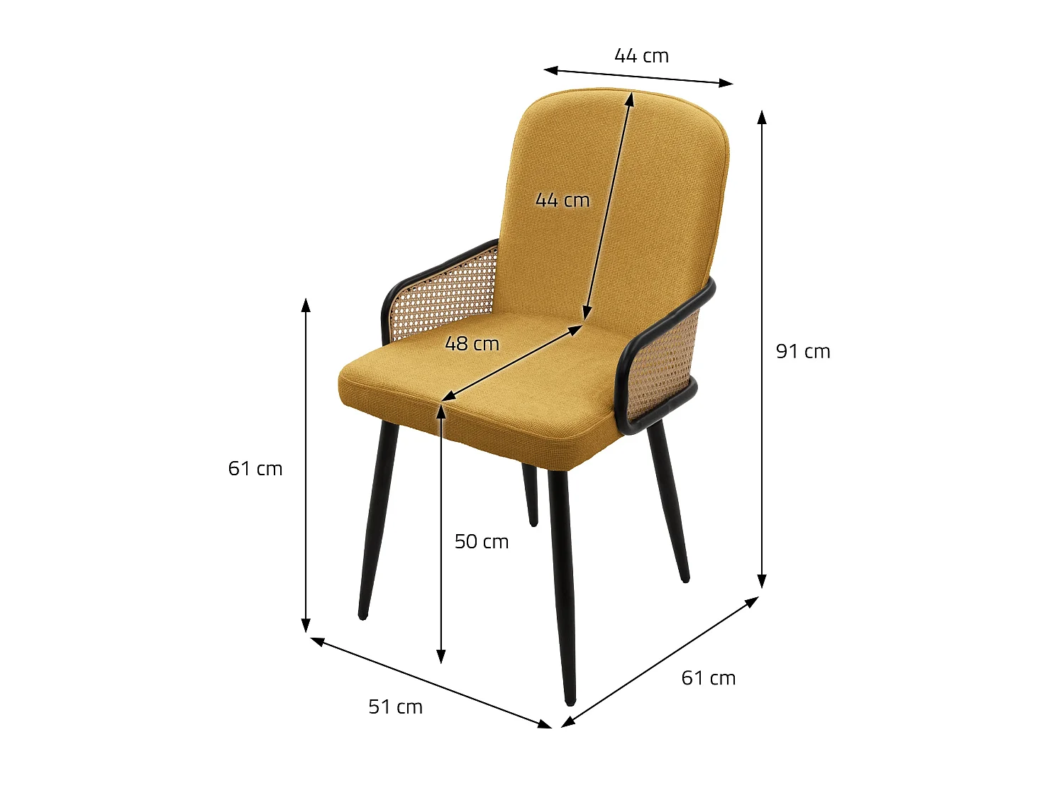 Lot de 4 chaises de salle à manger en tissu moutarde avec accoudoirs en rotin pieds en métal noir assise rembourrée confortable fauteuils ergonomiques