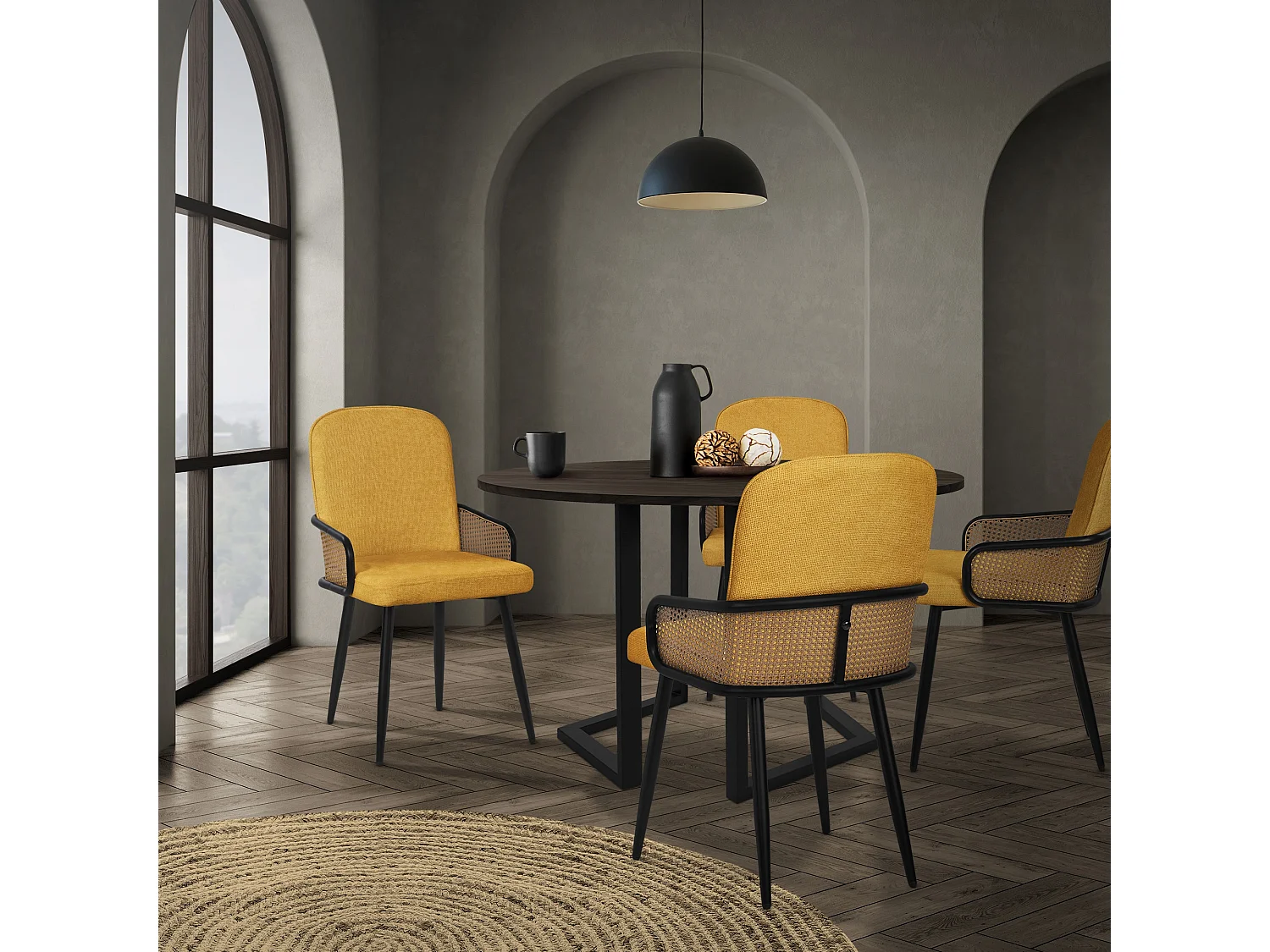 Lot de 4 chaises de salle à manger en tissu moutarde avec accoudoirs en rotin pieds en métal noir assise rembourrée confortable fauteuils ergonomiques