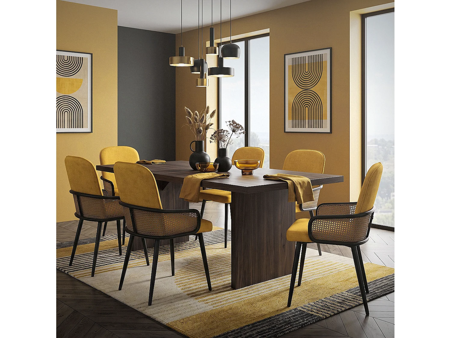 Lot de 4 chaises de salle à manger en tissu moutarde avec accoudoirs en rotin pieds en métal noir assise rembourrée confortable fauteuils ergonomiques