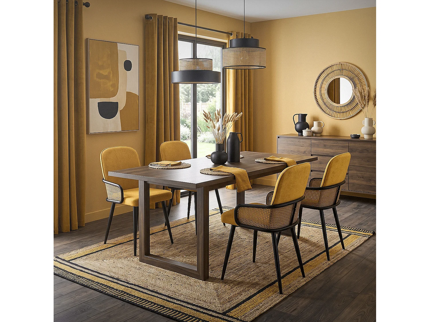 Lot de 4 chaises de salle à manger en tissu moutarde avec accoudoirs en rotin pieds en métal noir assise rembourrée confortable fauteuils ergonomiques