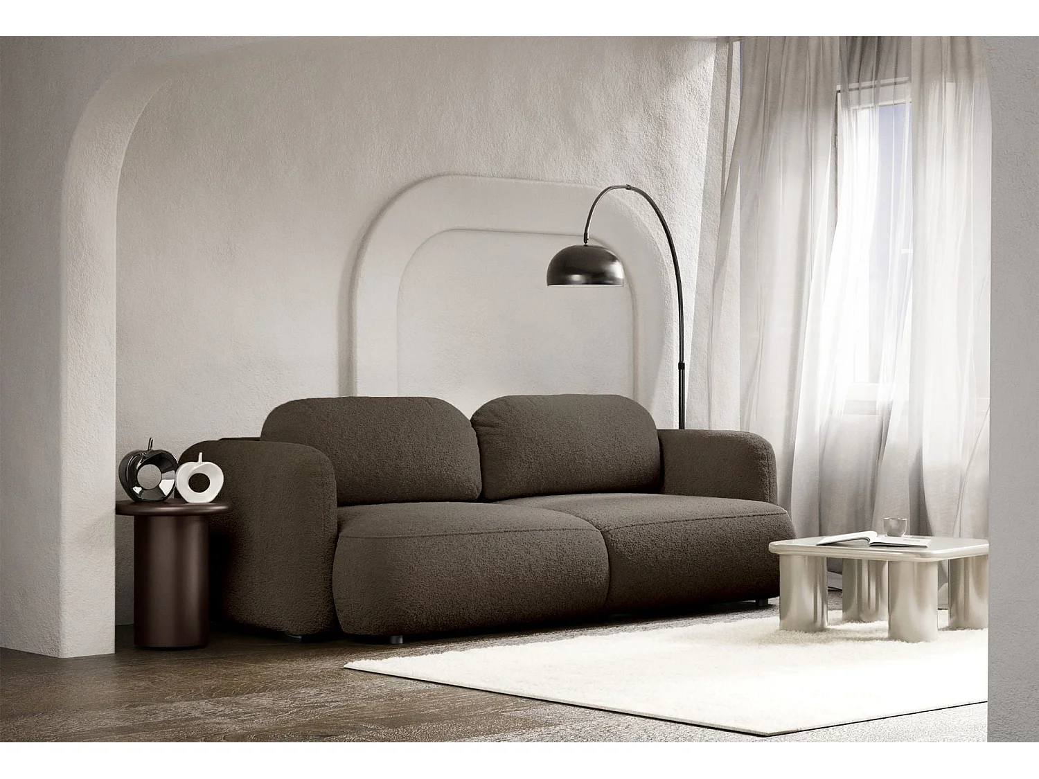 Canapé convertible 3 places en tissu bouclette brun TVOYA
