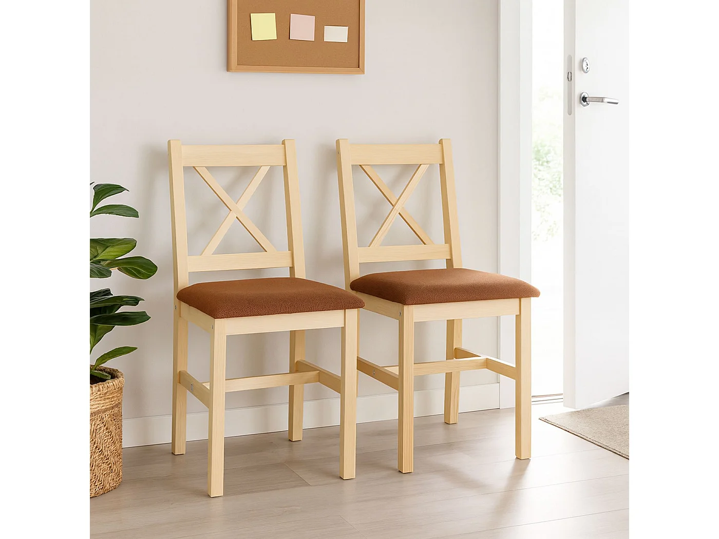 Eetkamerstoel MCW-F77 (set van 2),  naturel bekleding terracotta