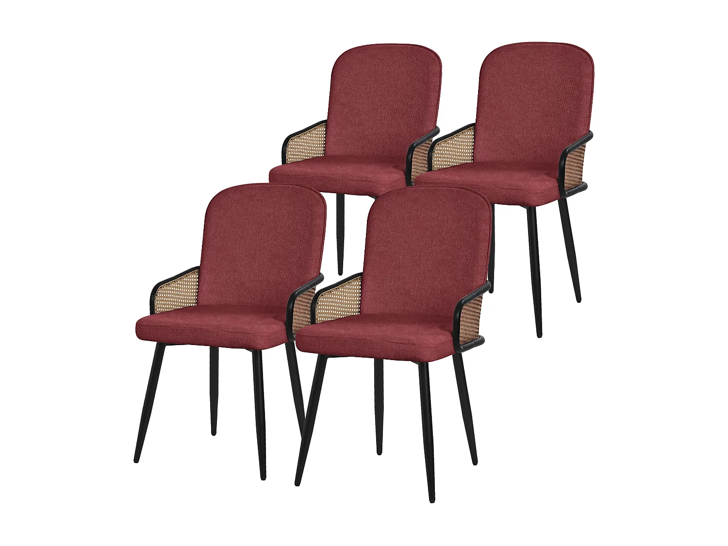 ML-Design Set di 4 sedie imbottite da pranzo rosso, in tessuto, con braccioli effetto rattan, sedia da cucina, poltroncina ergonomica da soggiorno