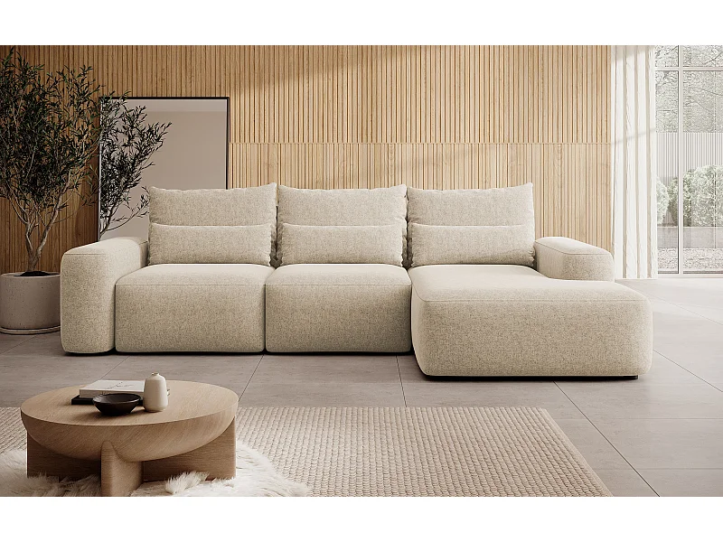 Canapé d’angle en chenille – convertible avec coffre de rangement – beige – angle droit – CARNOS