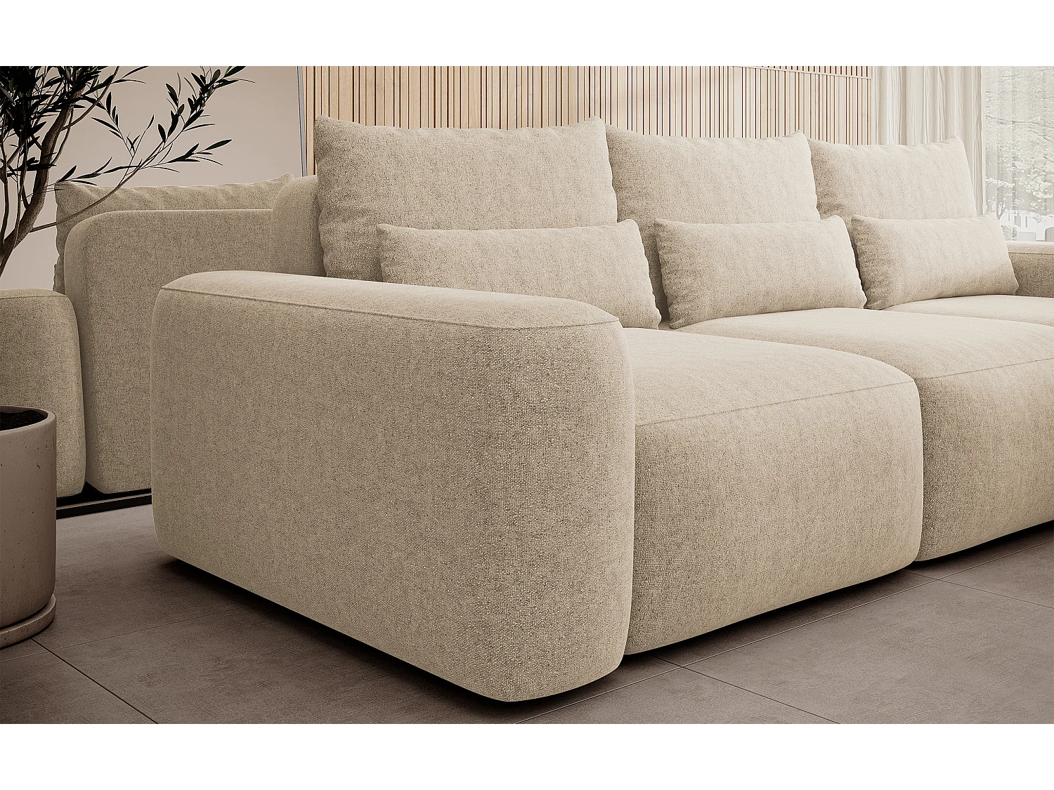 Ecksofa mit Chenillebezug – Schlaffunktion und Stauraum – Beige – rechts – CARNOS