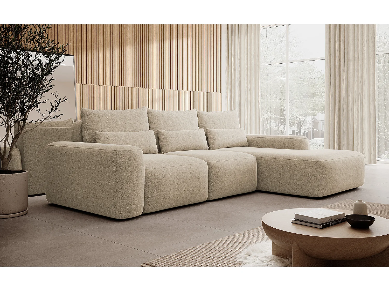 Canapé d’angle en chenille – convertible avec coffre de rangement – beige – angle droit – CARNOS