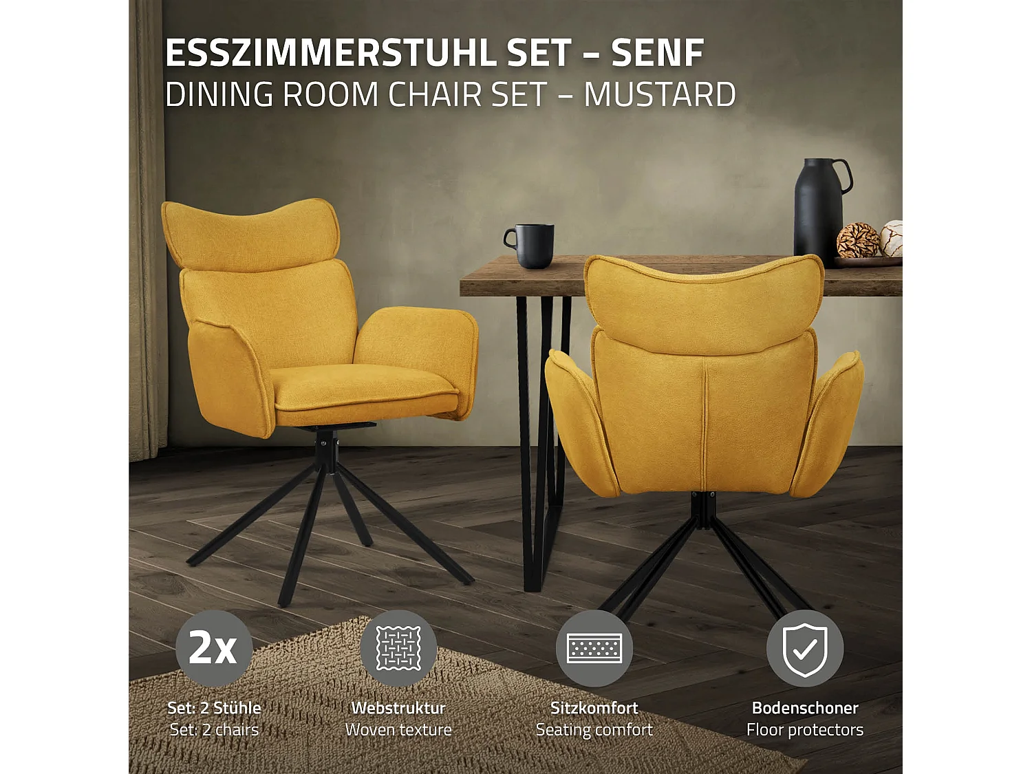 Lot de 2 chaises pivotantes en tissu moutarde avec accoudoirs et dossier ergonomique fauteuils à rotation pieds en métal noir sièges salle à manger