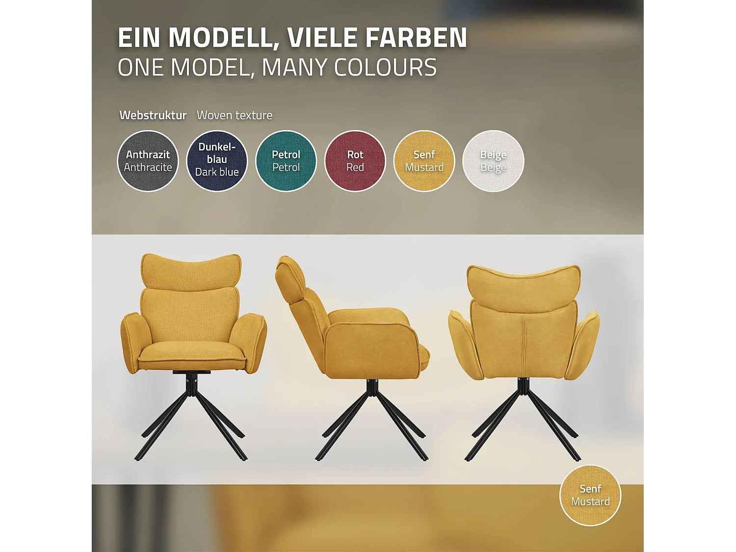 Lot de 2 chaises pivotantes en tissu moutarde avec accoudoirs et dossier ergonomique fauteuils à rotation pieds en métal noir sièges salle à manger