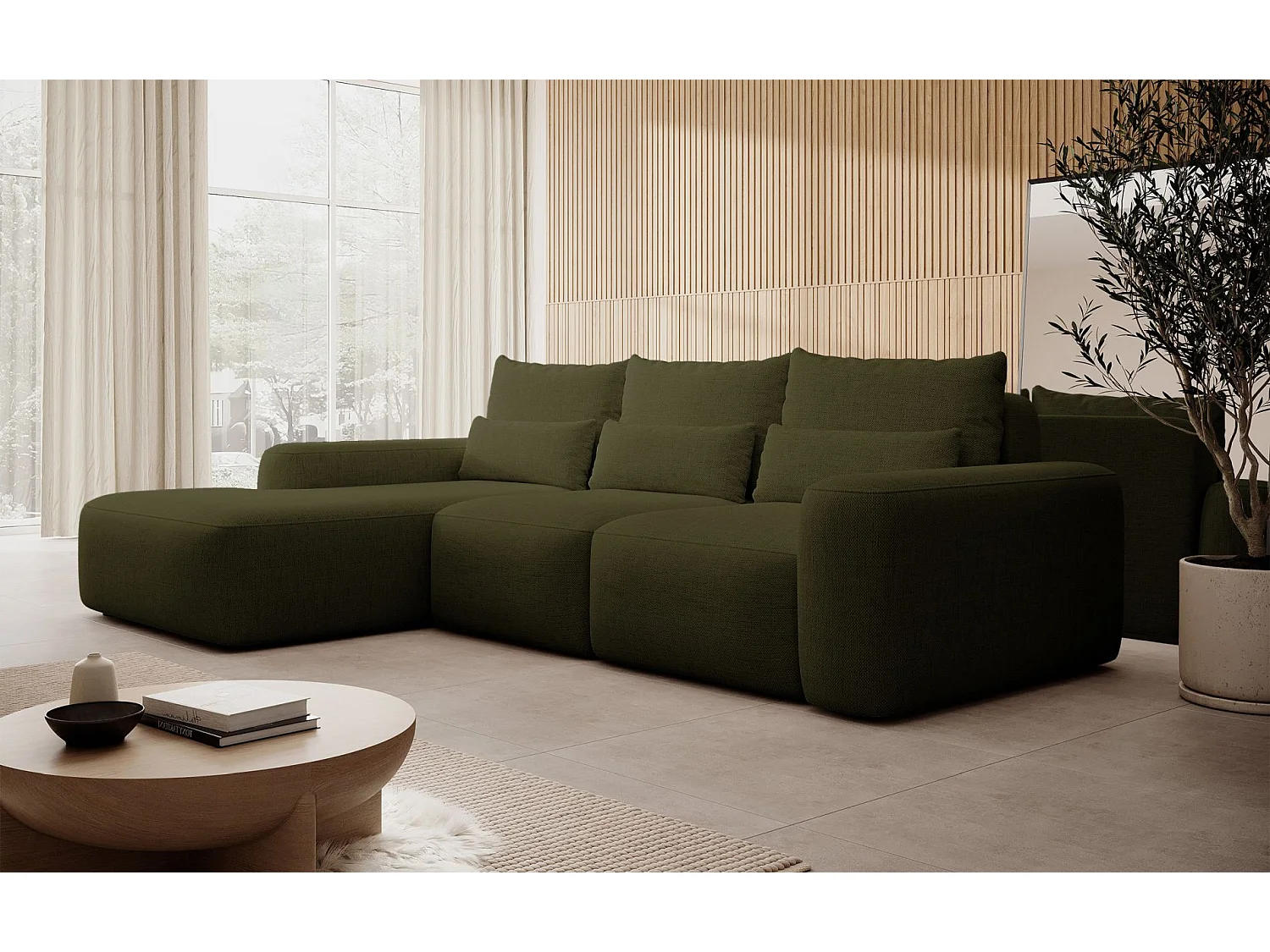 Canapé d’angle en chenille hydrofuge – convertible avec coffre de rangement – vert olive – angle gauche – CARNOS