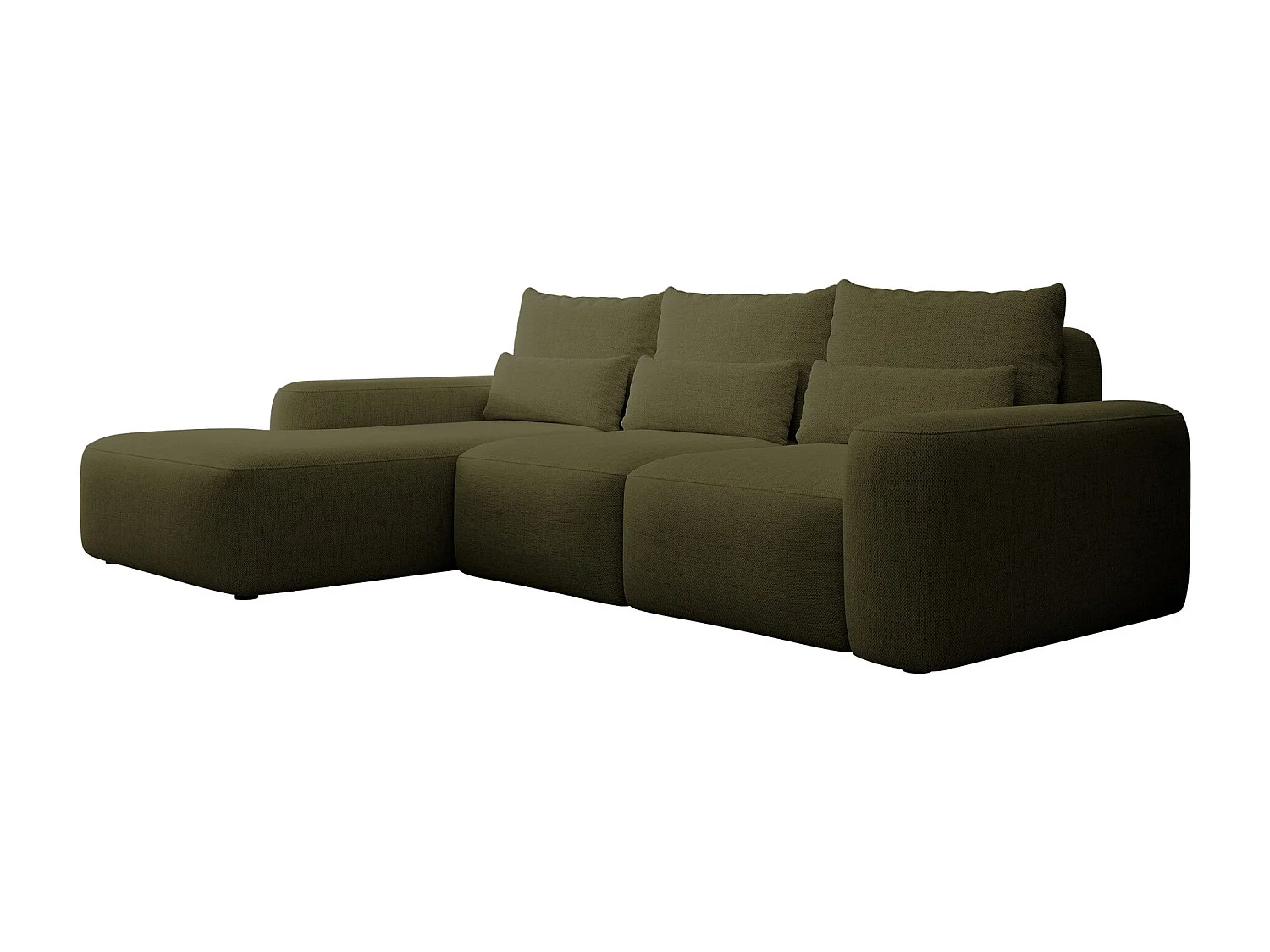 Canapé d’angle en chenille hydrofuge – convertible avec coffre de rangement – vert olive – angle gauche – CARNOS