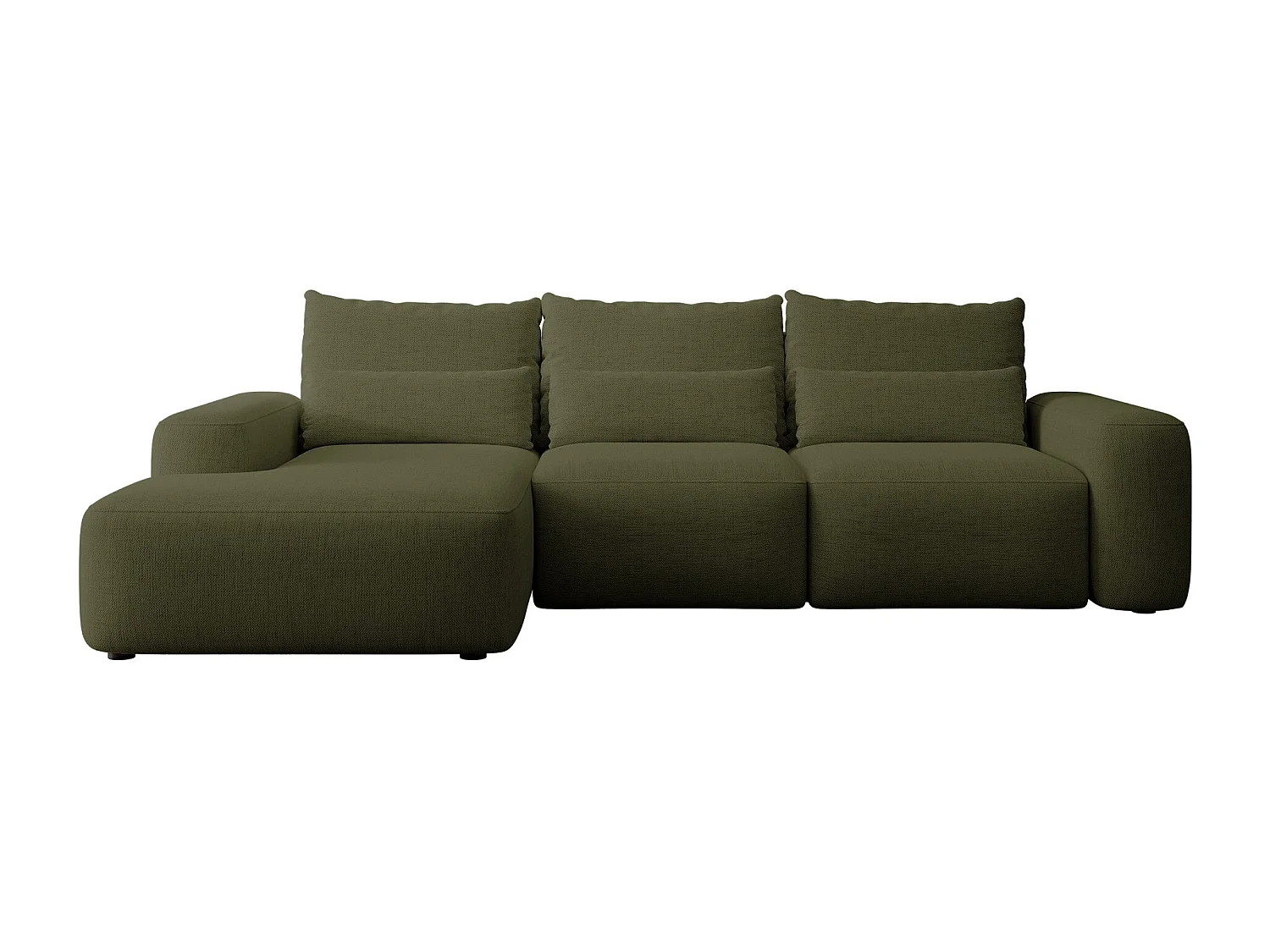 Canapé d’angle en chenille hydrofuge – convertible avec coffre de rangement – vert olive – angle gauche – CARNOS