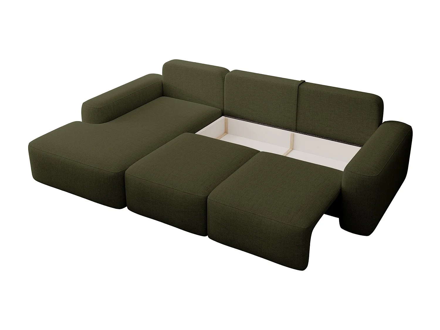 Canapé d’angle en chenille hydrofuge – convertible avec coffre de rangement – vert olive – angle gauche – CARNOS