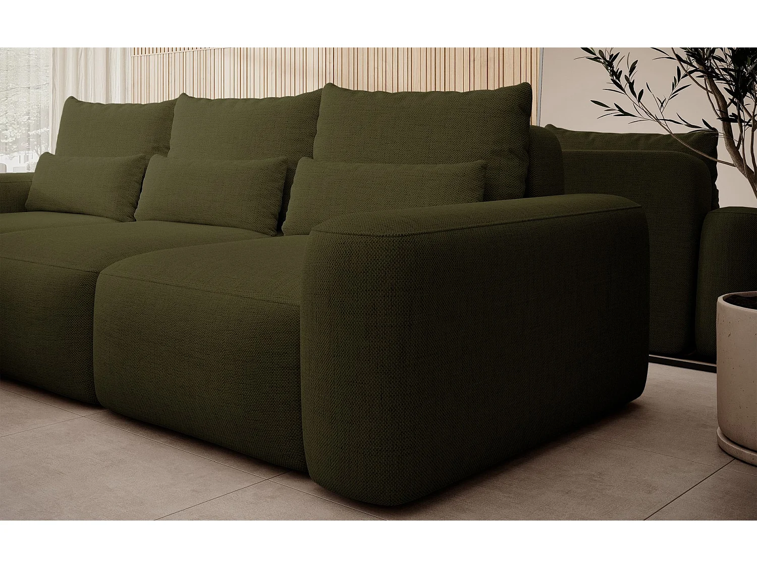 Canapé d’angle en chenille hydrofuge – convertible avec coffre de rangement – vert olive – angle gauche – CARNOS