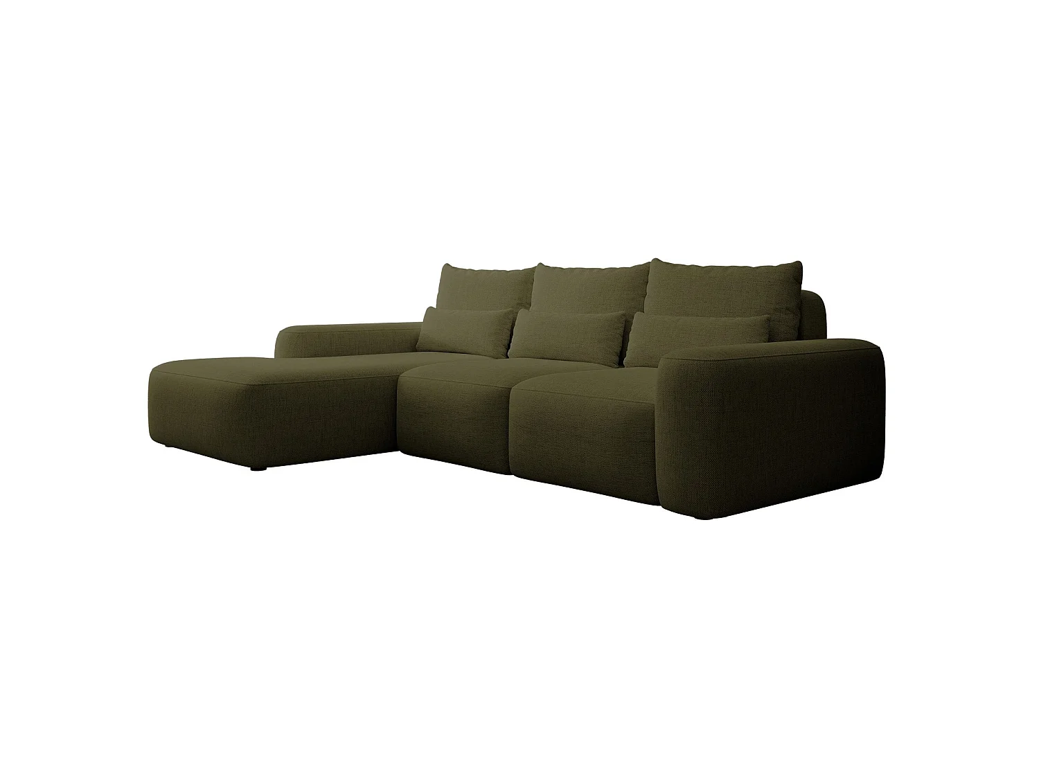 Canapé d’angle en chenille hydrofuge – convertible avec coffre de rangement – vert olive – angle gauche – CARNOS